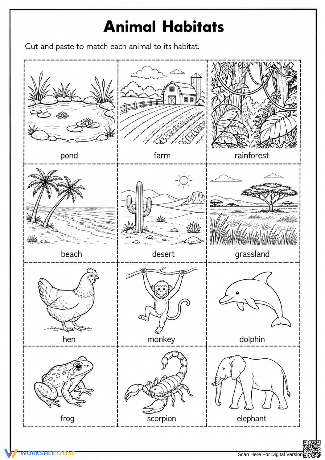Grade K Animal Habitats — Printable No-Prep Worksheet - Page 1