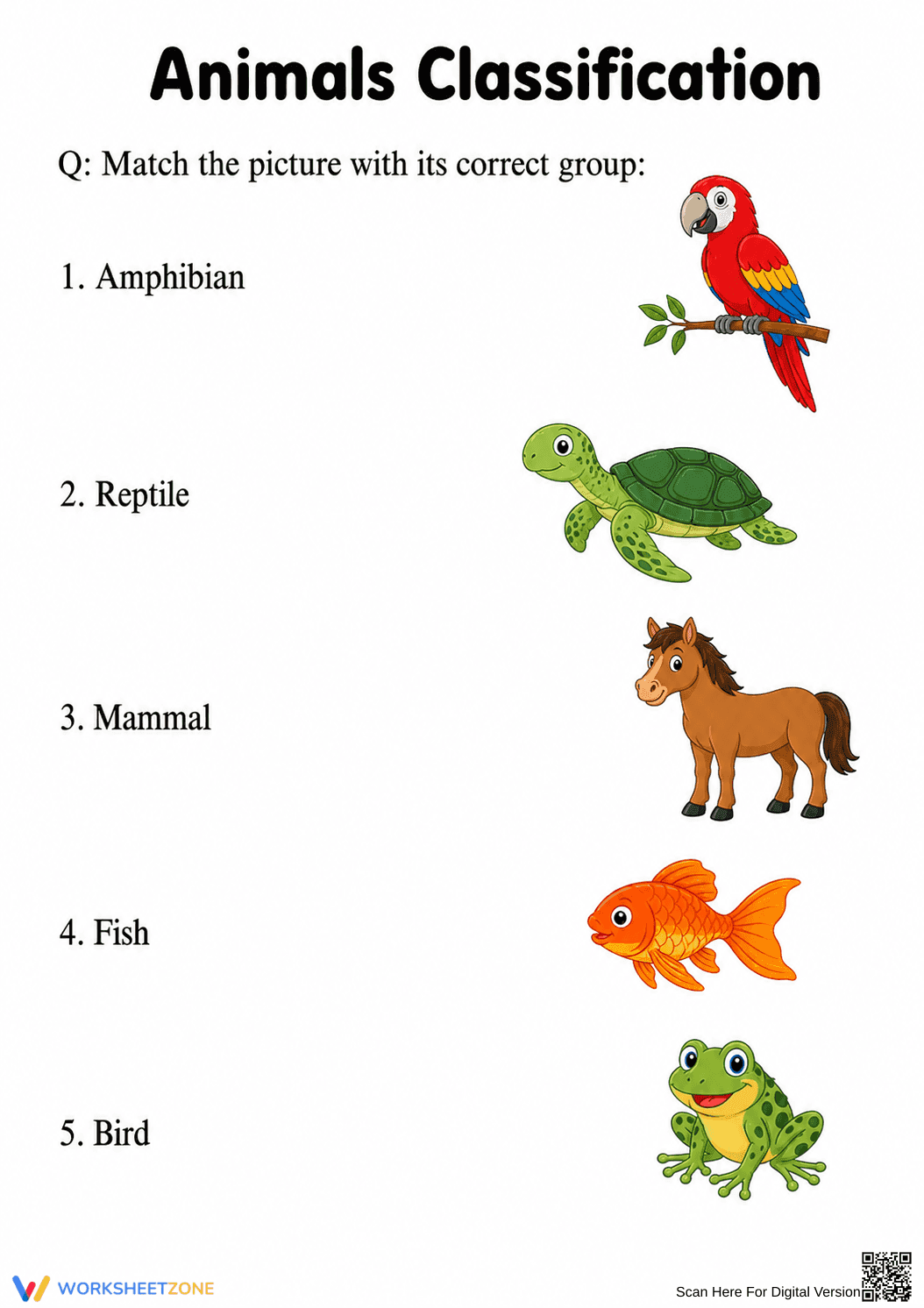 Grade 1 Animal Classification — Printable No-Prep Worksheet - Page 1