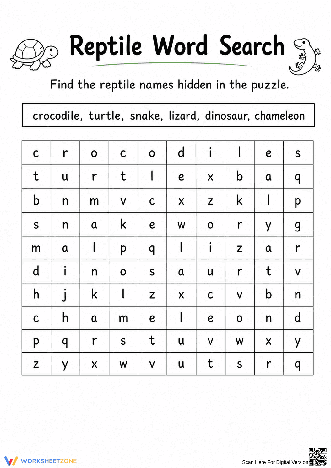 Grade 1 Reptile Word Search — Printable No-Prep Worksheet - Page 1