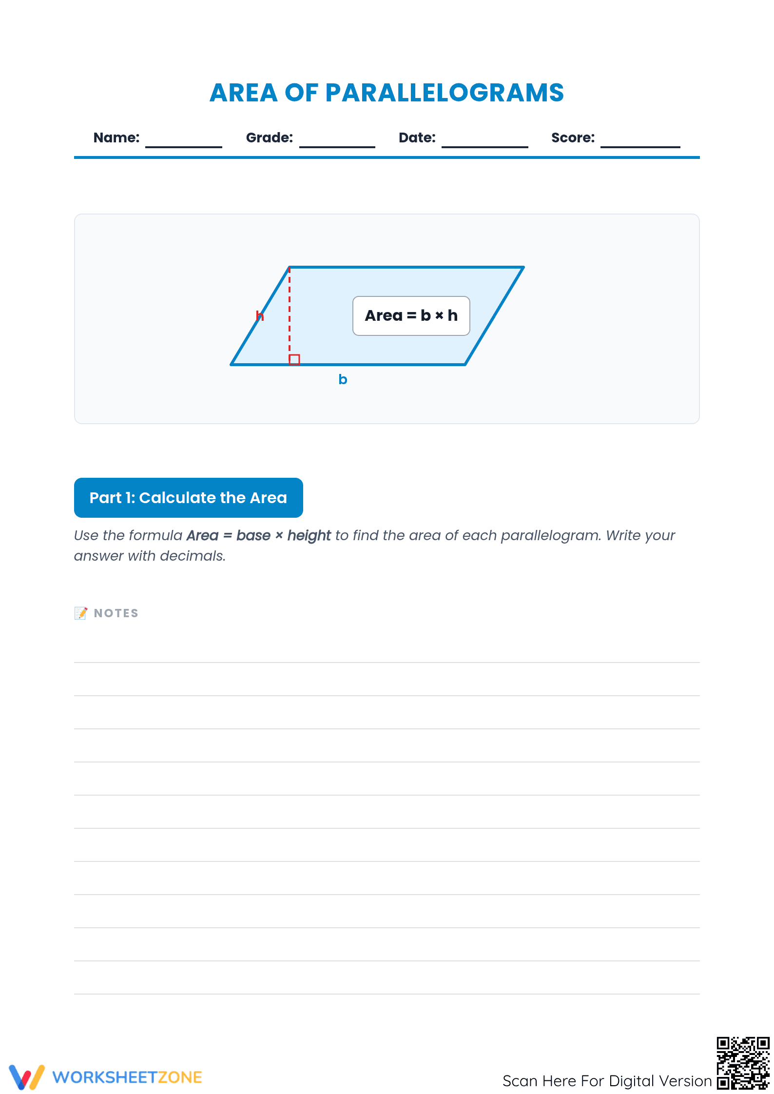 Area of Parallelograms (Decimals) | Grade 5 Essential - Page 1