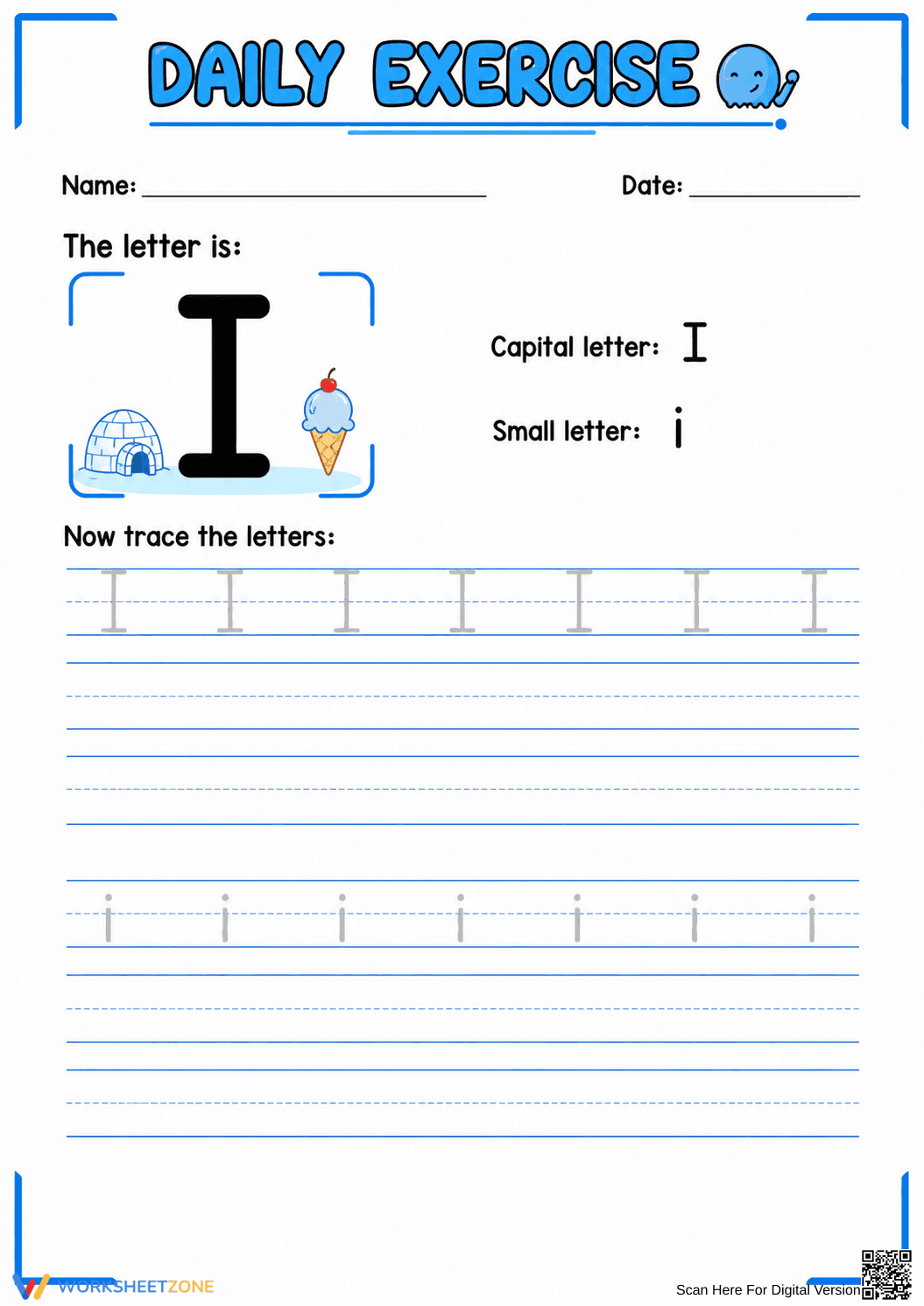 Printable Letter I Tracing Worksheet | Kindergarten ELA - Page 1