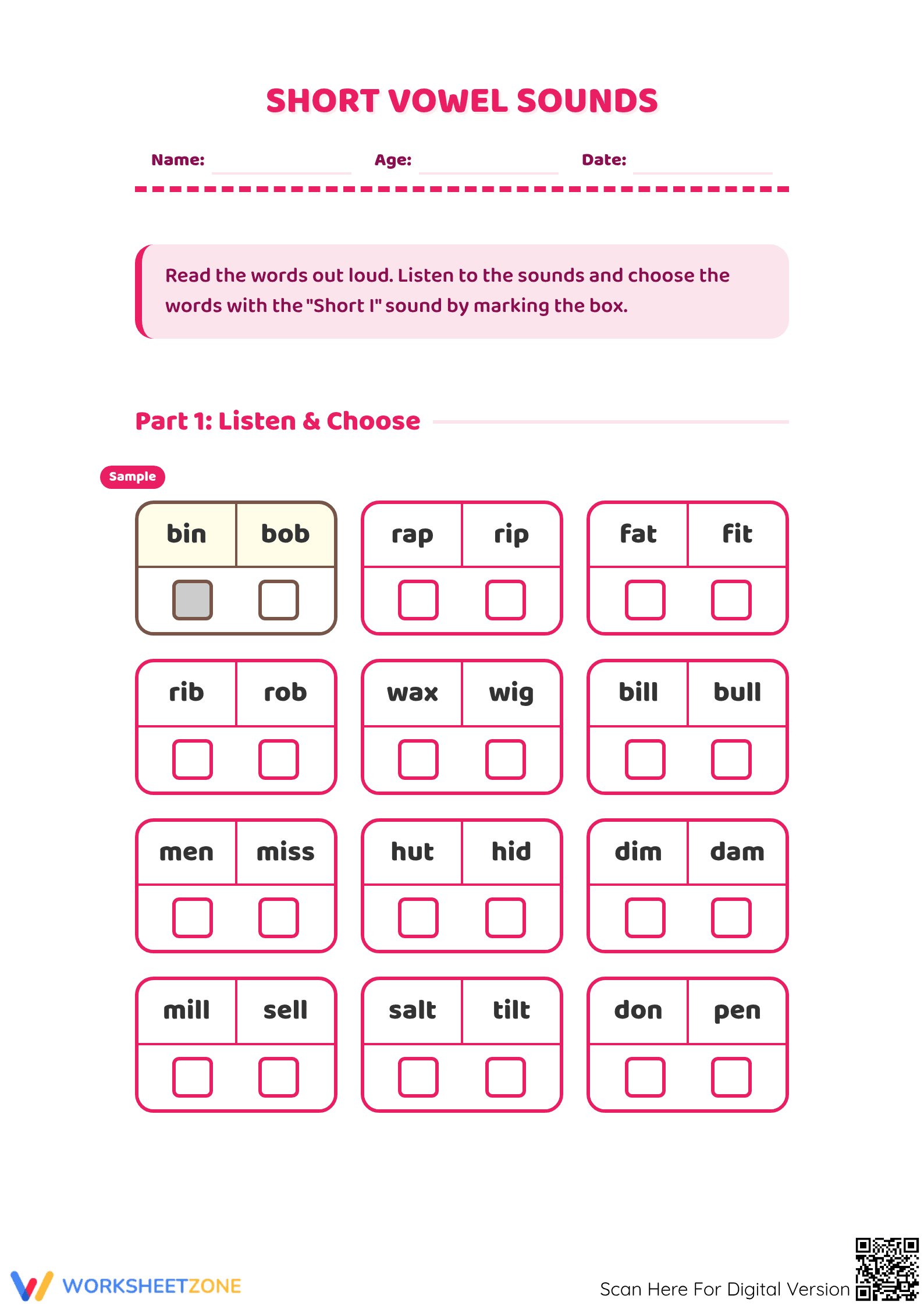 Short I Vowel Sounds Worksheet | Grade 1 Essential - Page 1