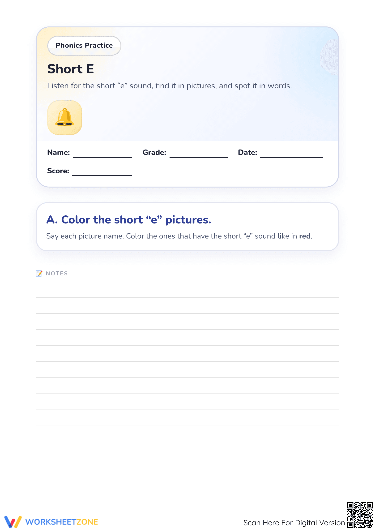 Short E Phonics Worksheet | Grade 1 Printable - Page 1