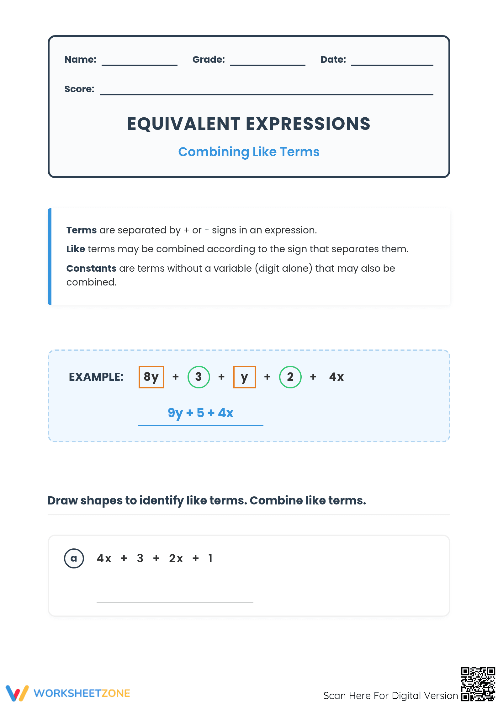 Printable Combining Like Terms Worksheet | Grade 6-7 - Page 1