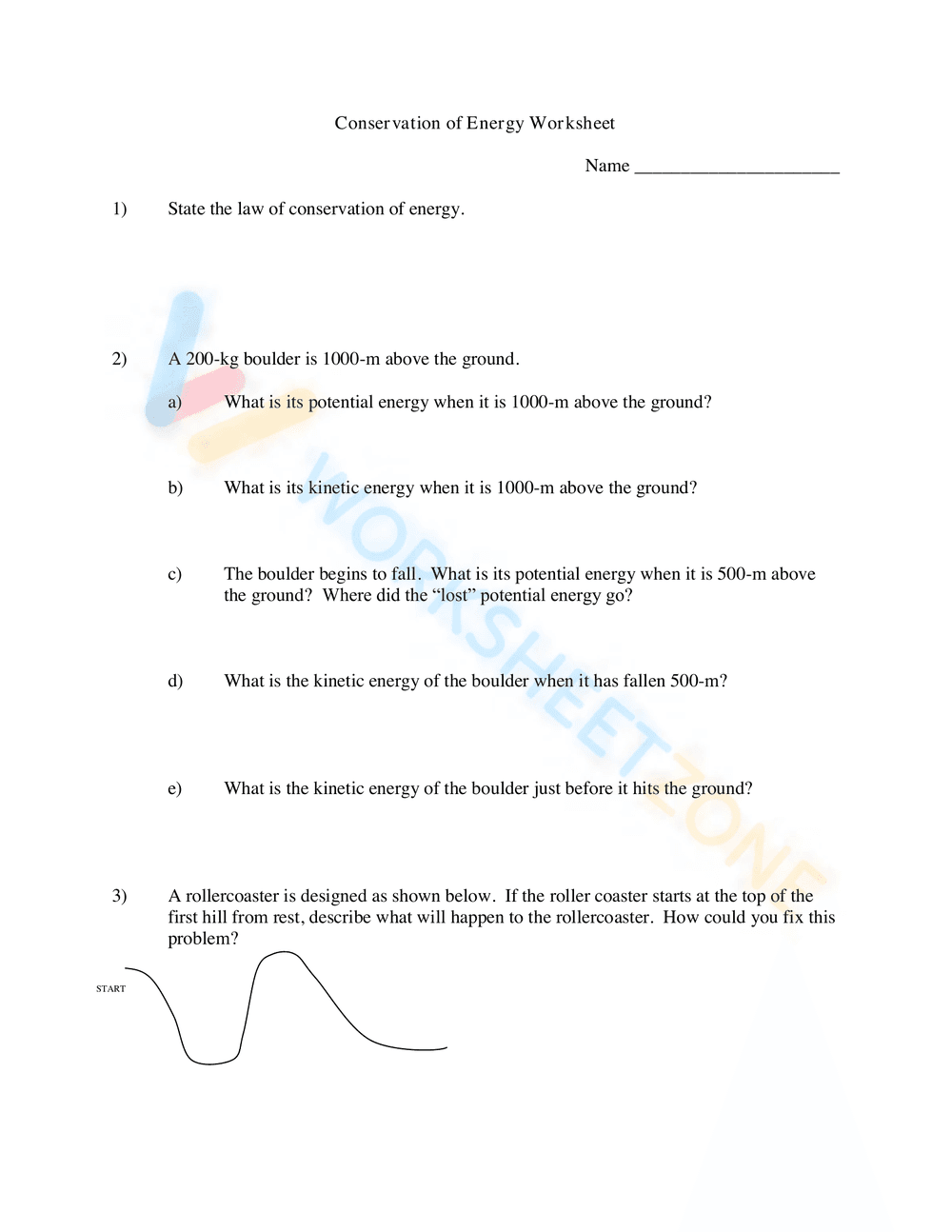 Conservation of Energy Worksheet 1 - Page 1