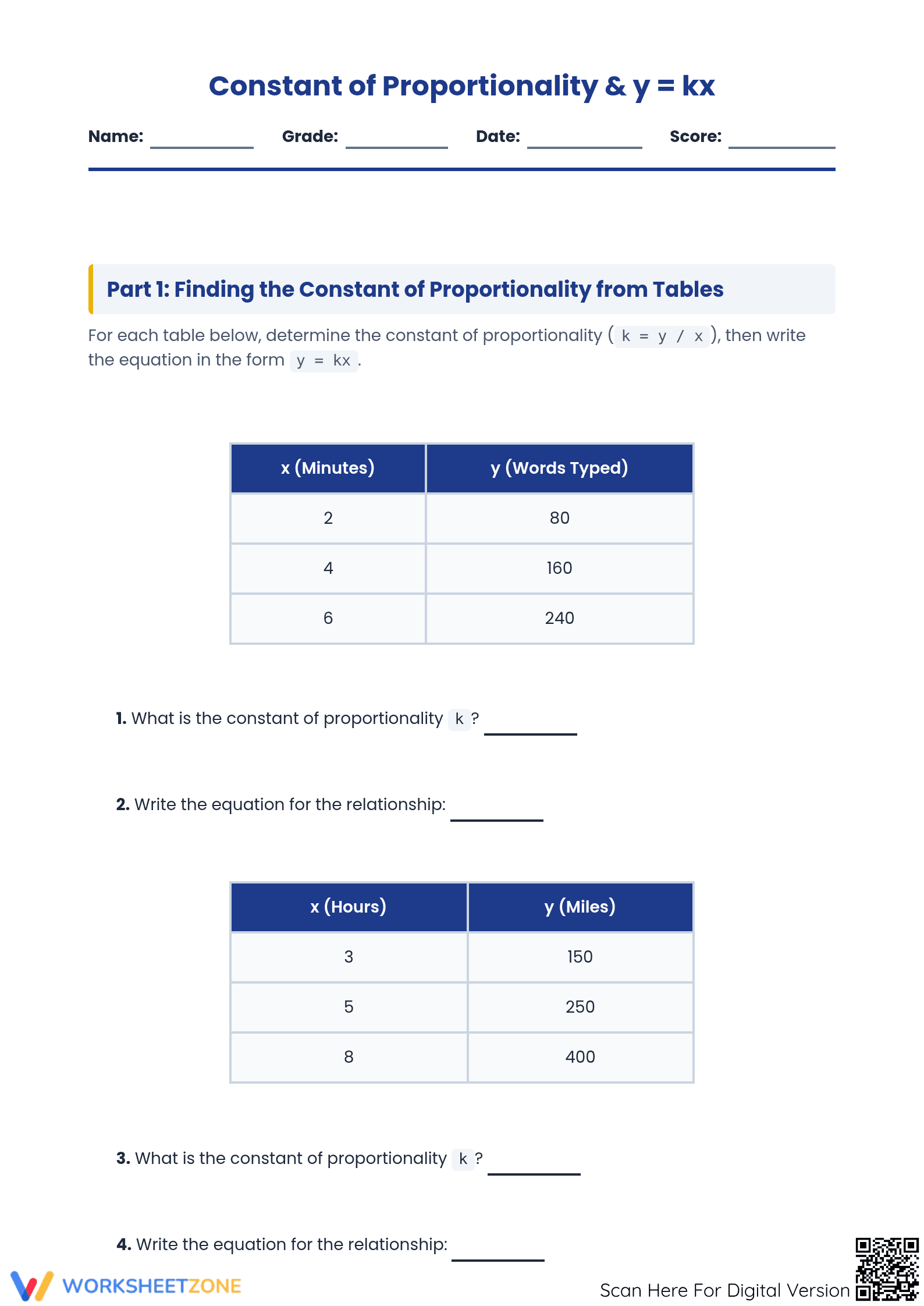 Printable Constant of Proportionality Worksheet | Grade 7 - Page 1