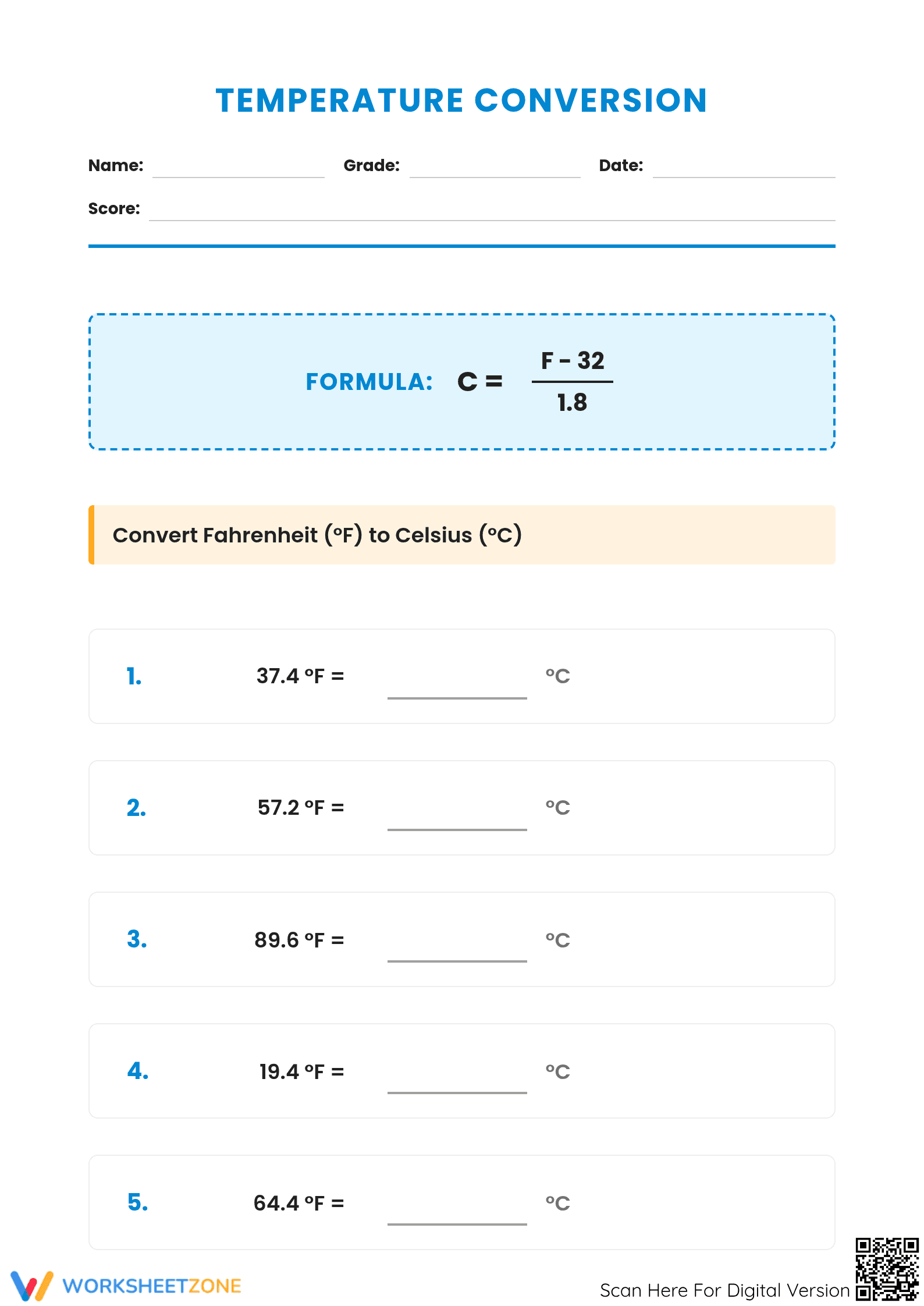 Printable Fahrenheit to Celsius Conversion | Math Worksheet - Page 1