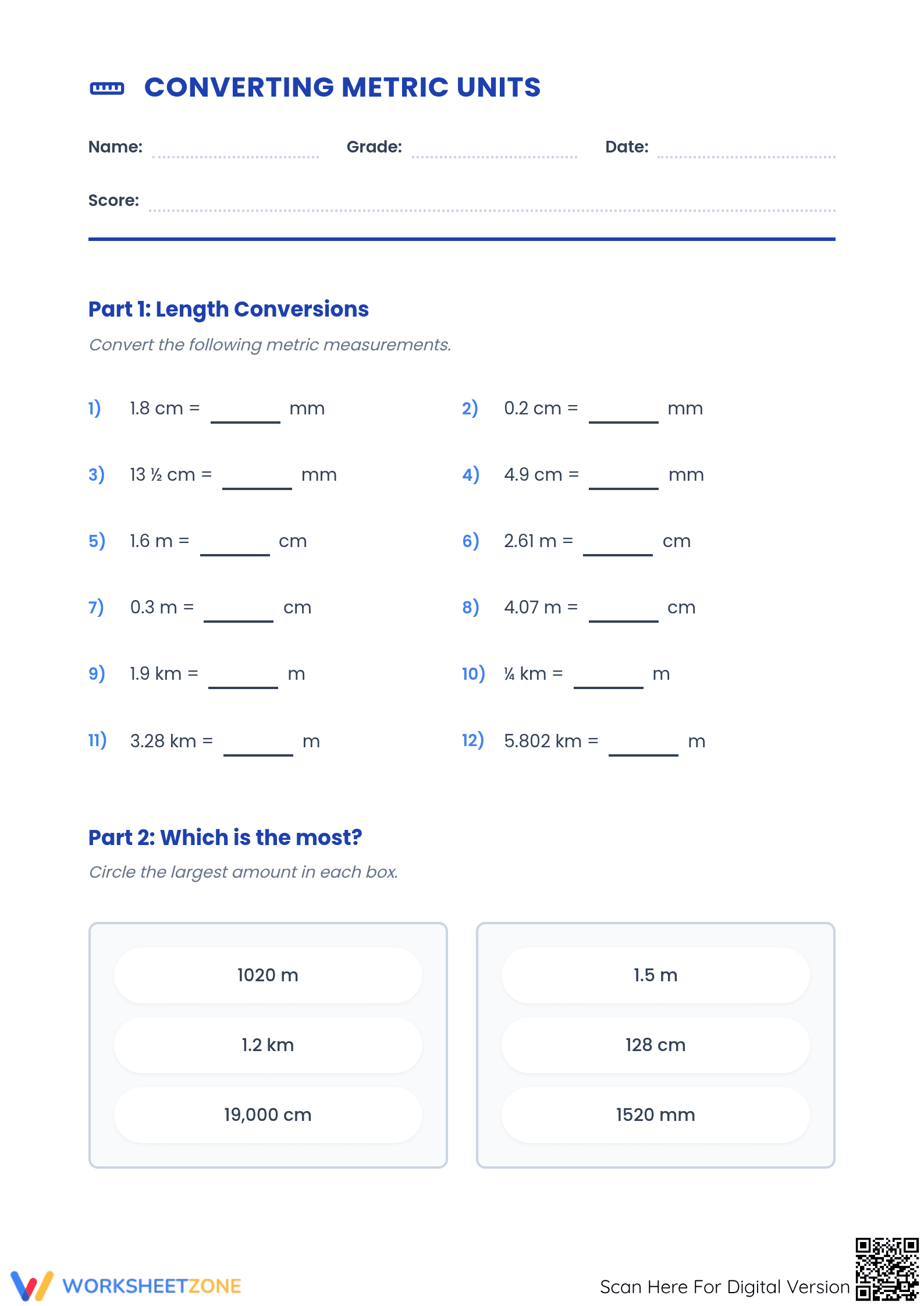 Grade 5 Metric Conversion — Printable No-Prep Worksheet - Page 1
