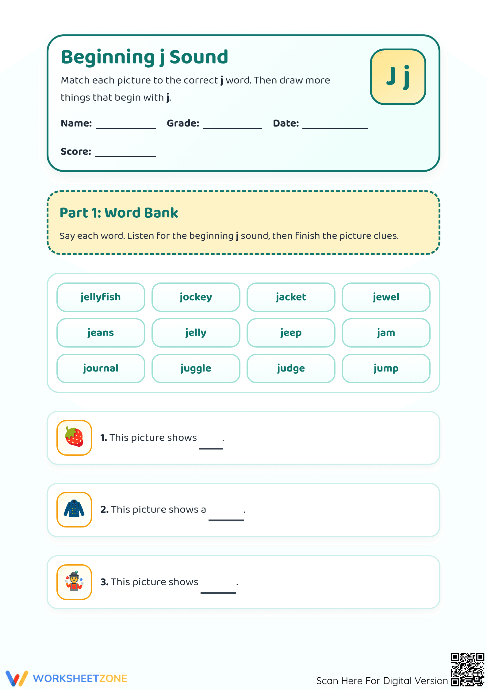 Beginning J Sound Worksheet | Grade 1 Printable Phonics - Page 1