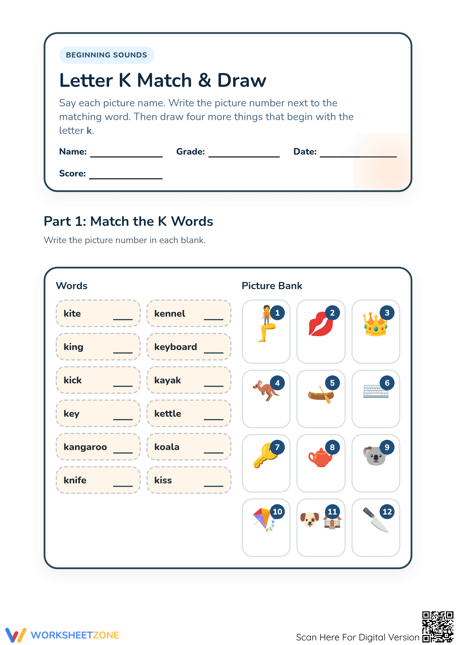 Letter K Beginning Sounds Worksheet | Grade 1 Essential - Page 1