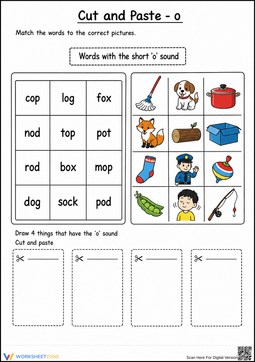 Printable Short O Cut and Paste Worksheet | Grade 1 - Page 1