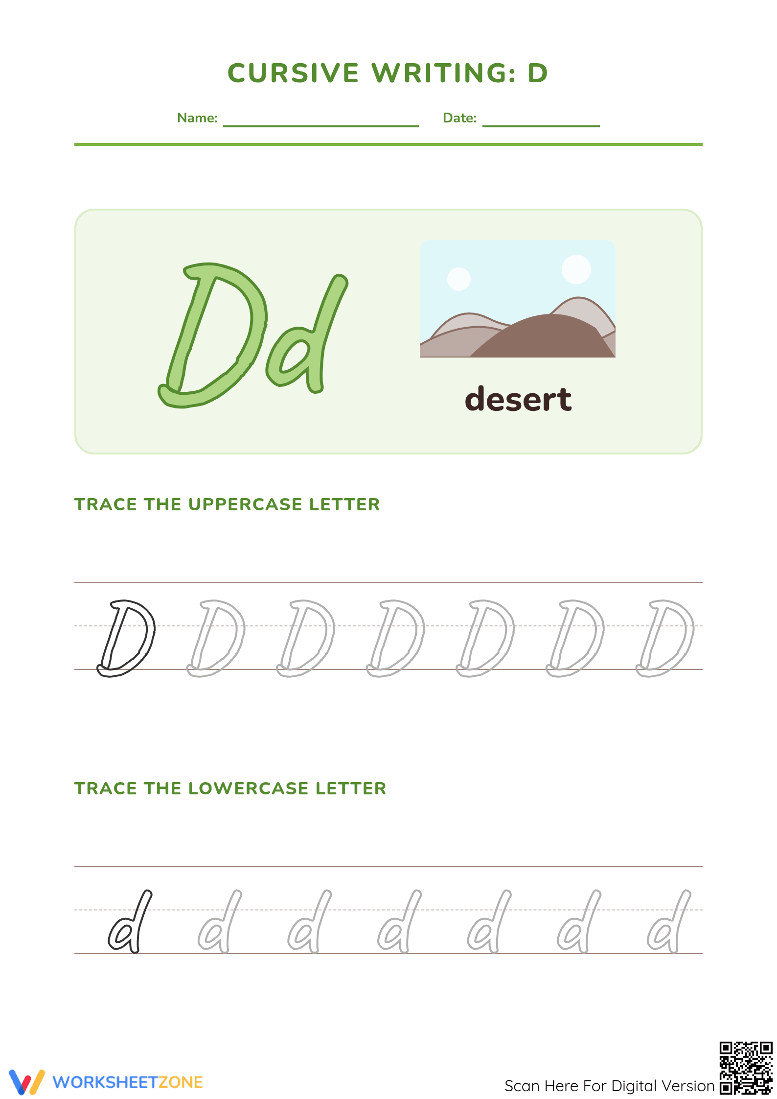 Printable Cursive Letter D Worksheet | Grade 2 ELA - Page 1
