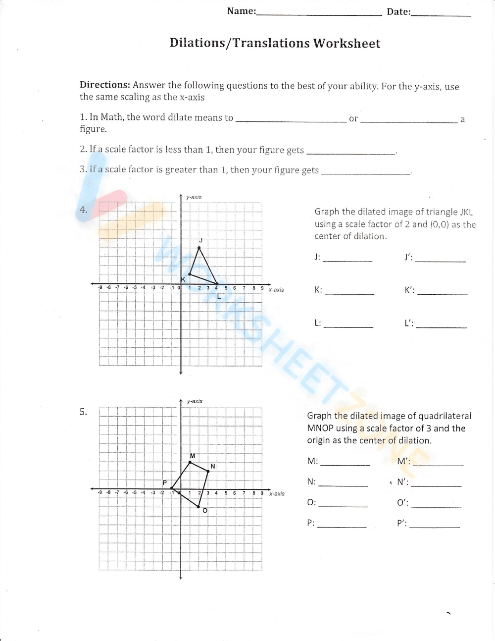 Dilations and translations worksheet - Page 1