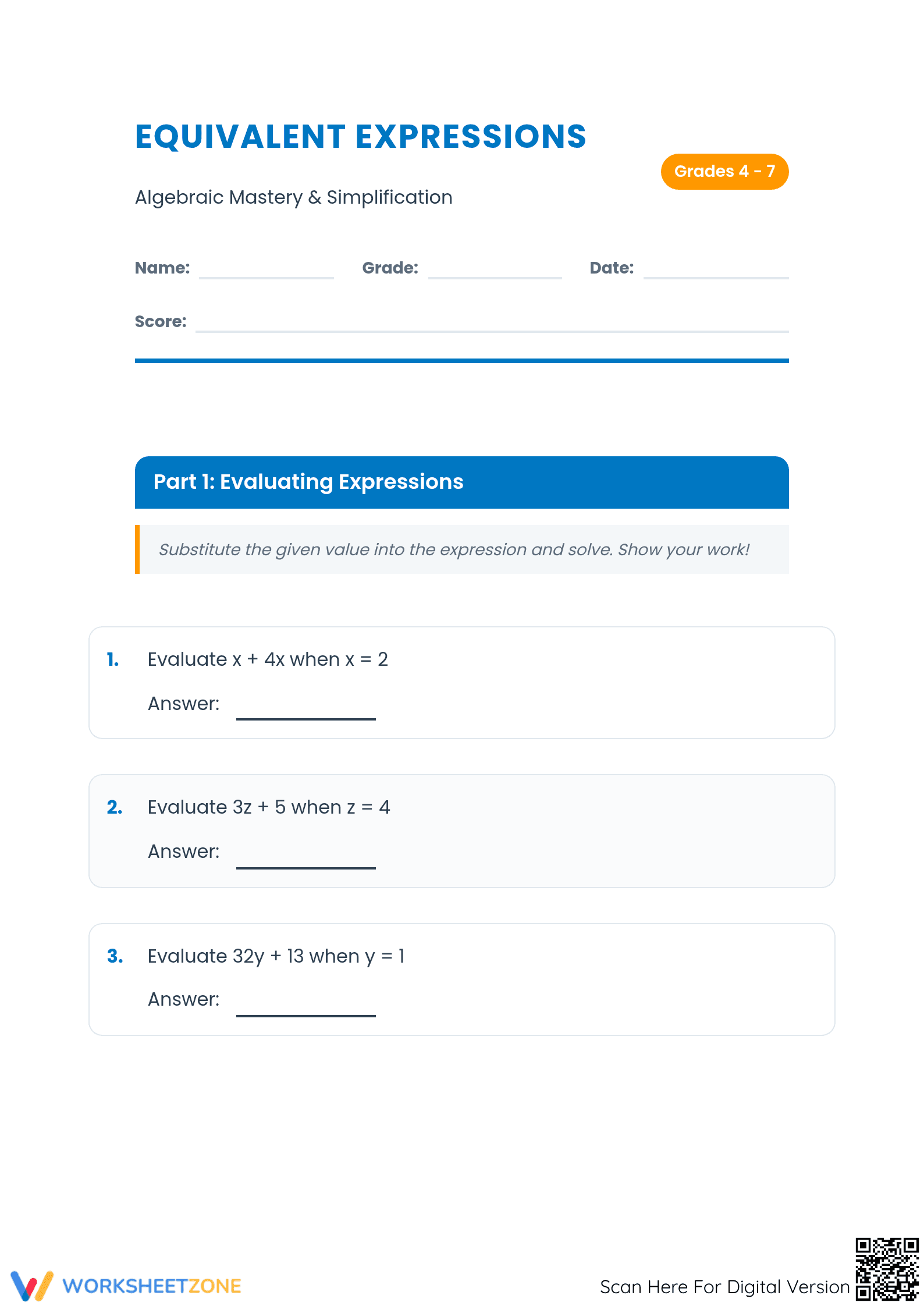 Essential Equivalent Expressions Worksheet | Grades 4-7 - Page 1