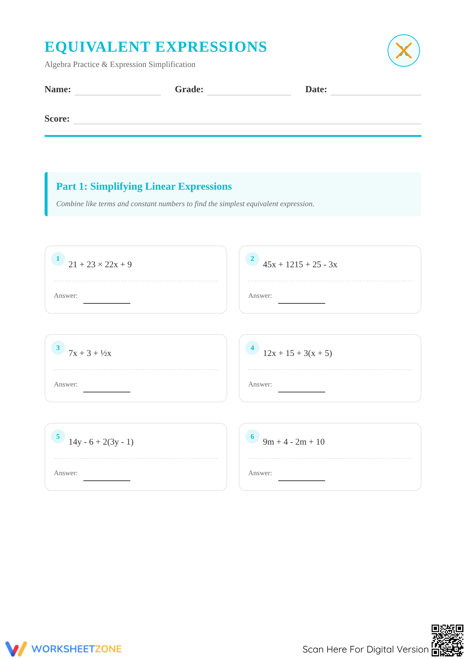 Printable Equivalent Expressions Worksheet: Grade 6 Math - Page 1
