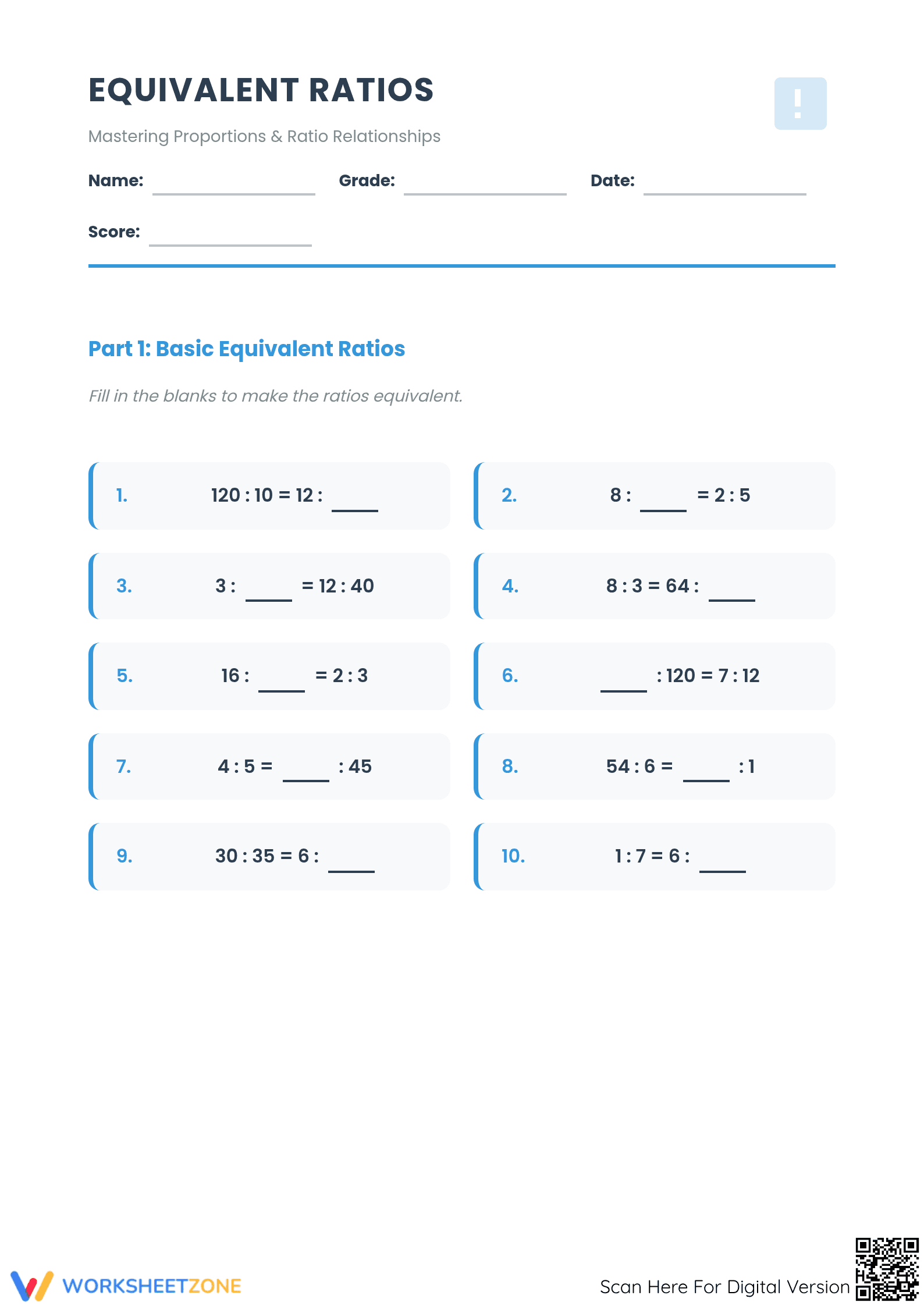 Equivalent Ratios Worksheet | Grade 6 Math Printable - Page 1