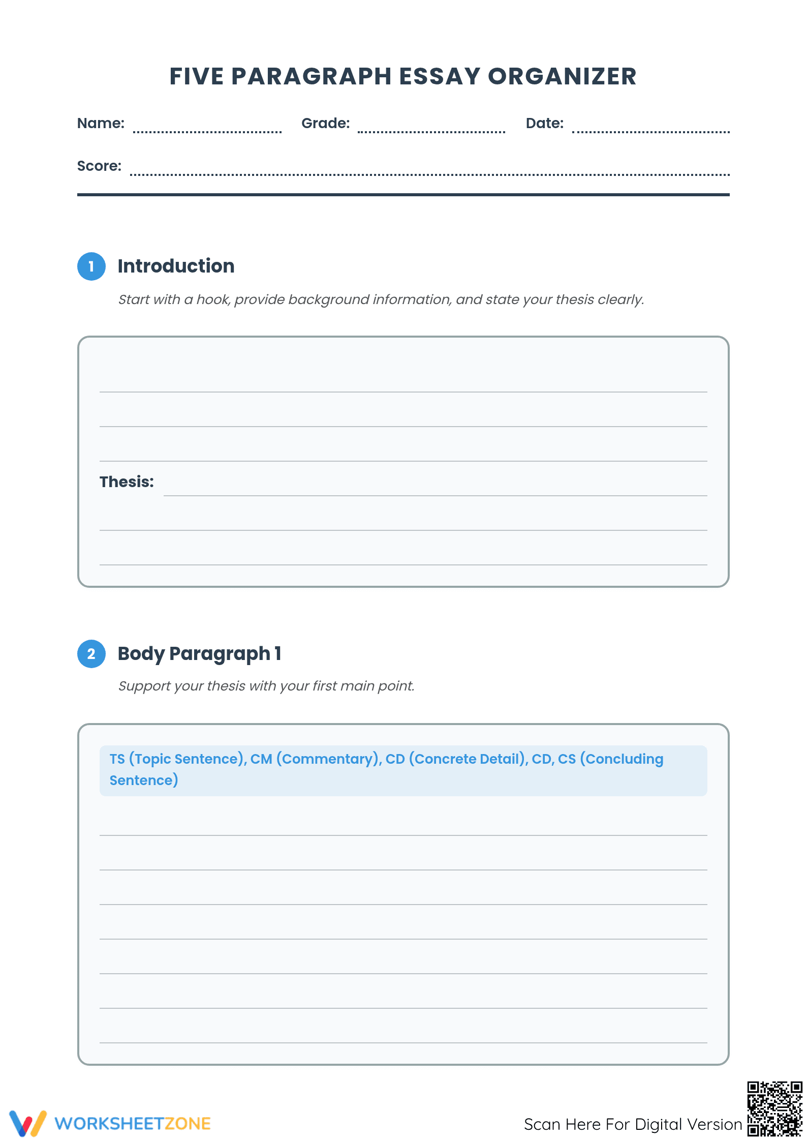 Five Paragraph Essay Organizer | Grade 6 Printable - Page 1