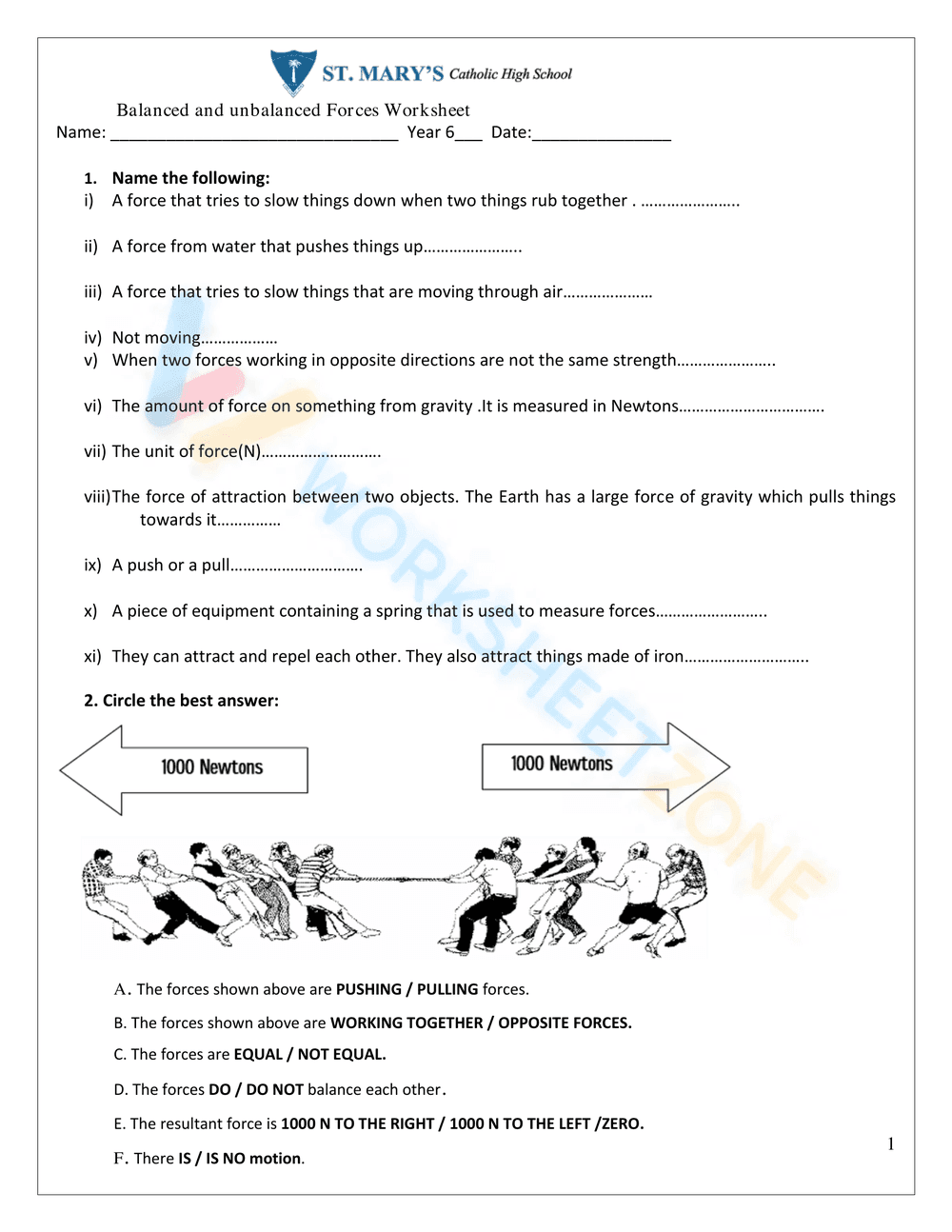 Balanced and Unbalanced Forces Printable | Grade 6 Science - Page 1