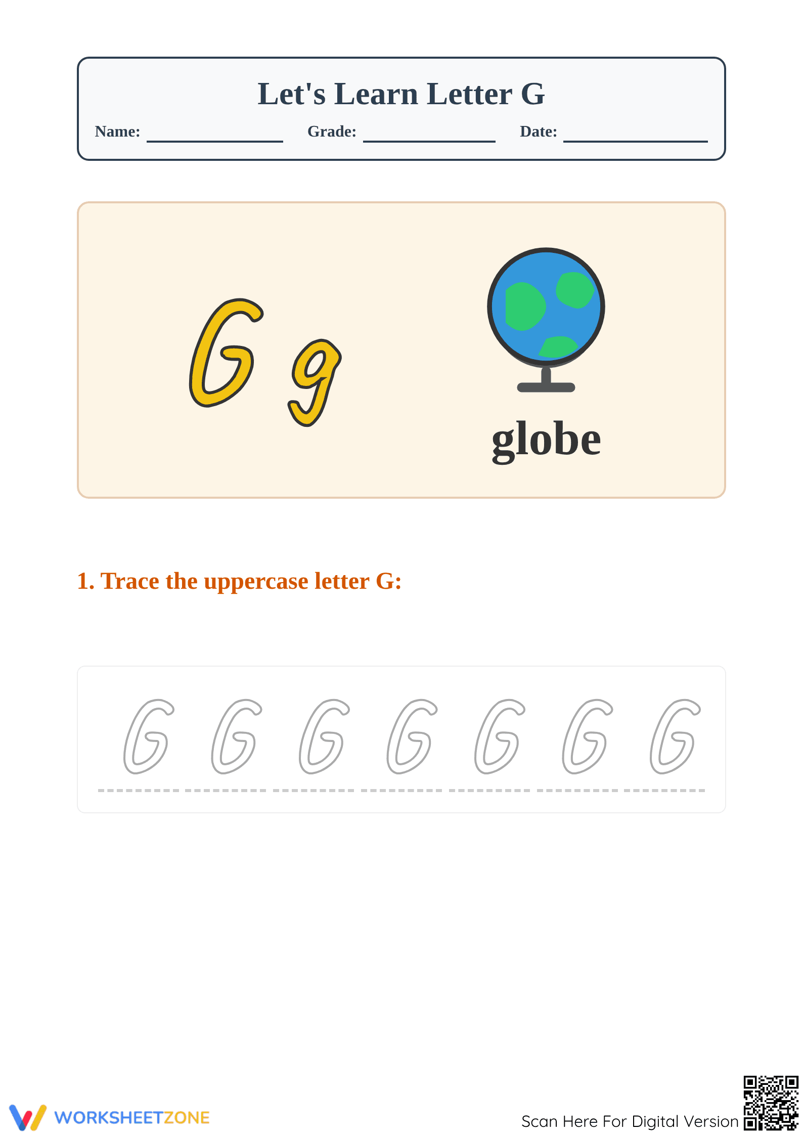 Letter G Tracing Worksheet | Essential Phonics Guide - Page 1