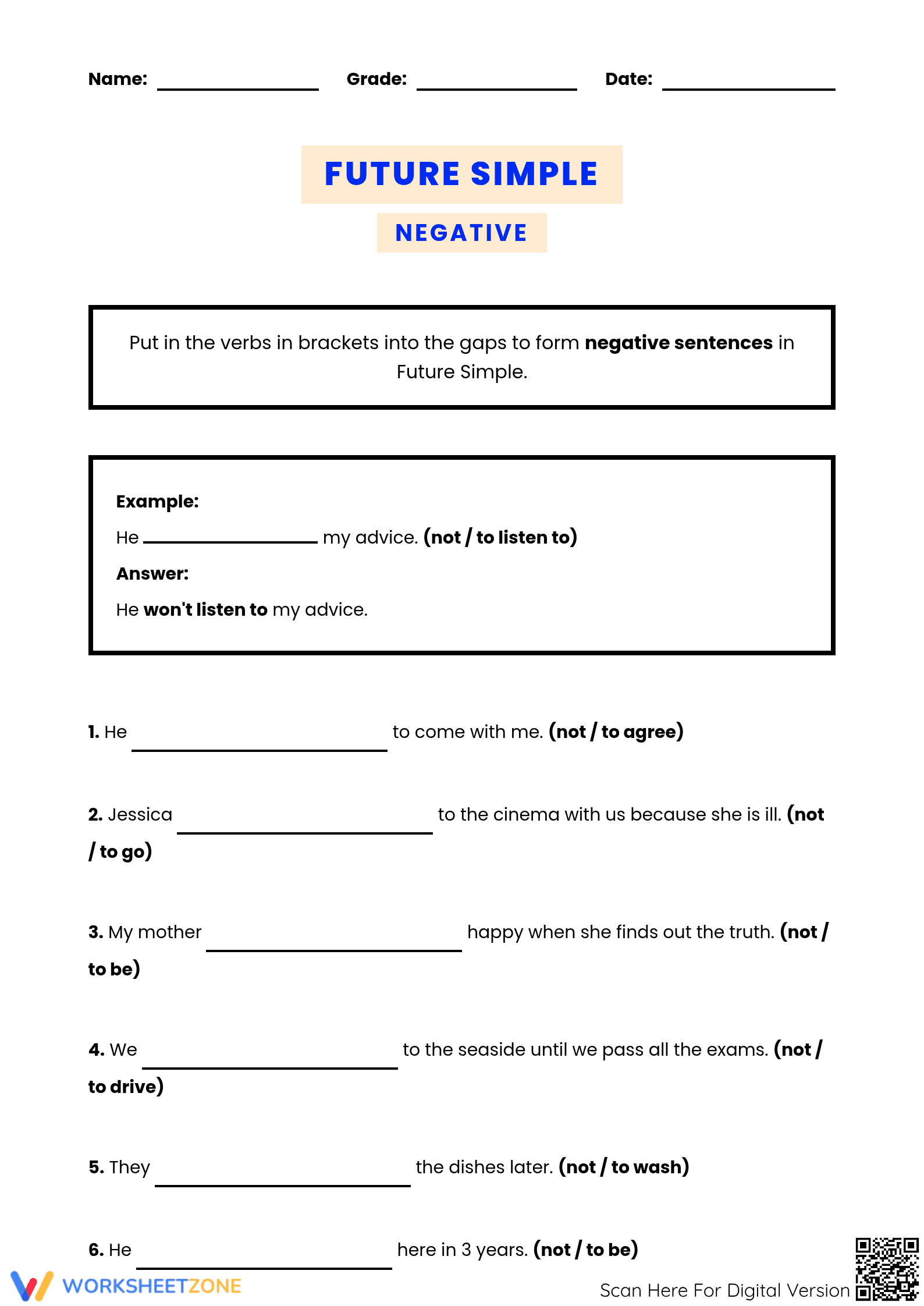 Future Simple Negative Worksheet | Grade 4 Essential - Page 1