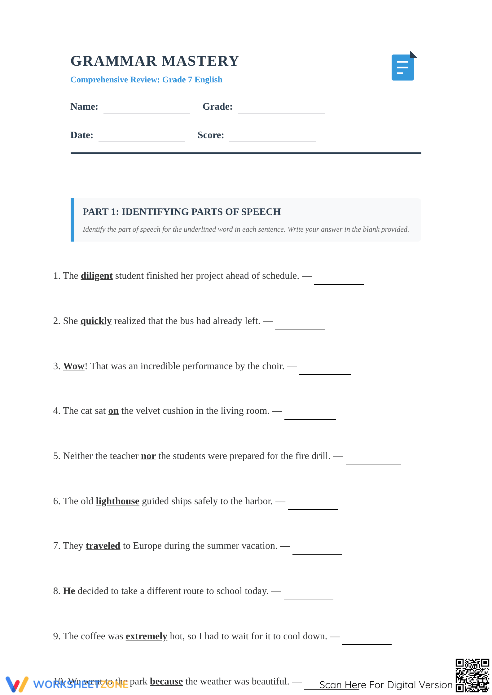 Grade 7 Grammar Mastery — Essential Printable Worksheet - Page 1