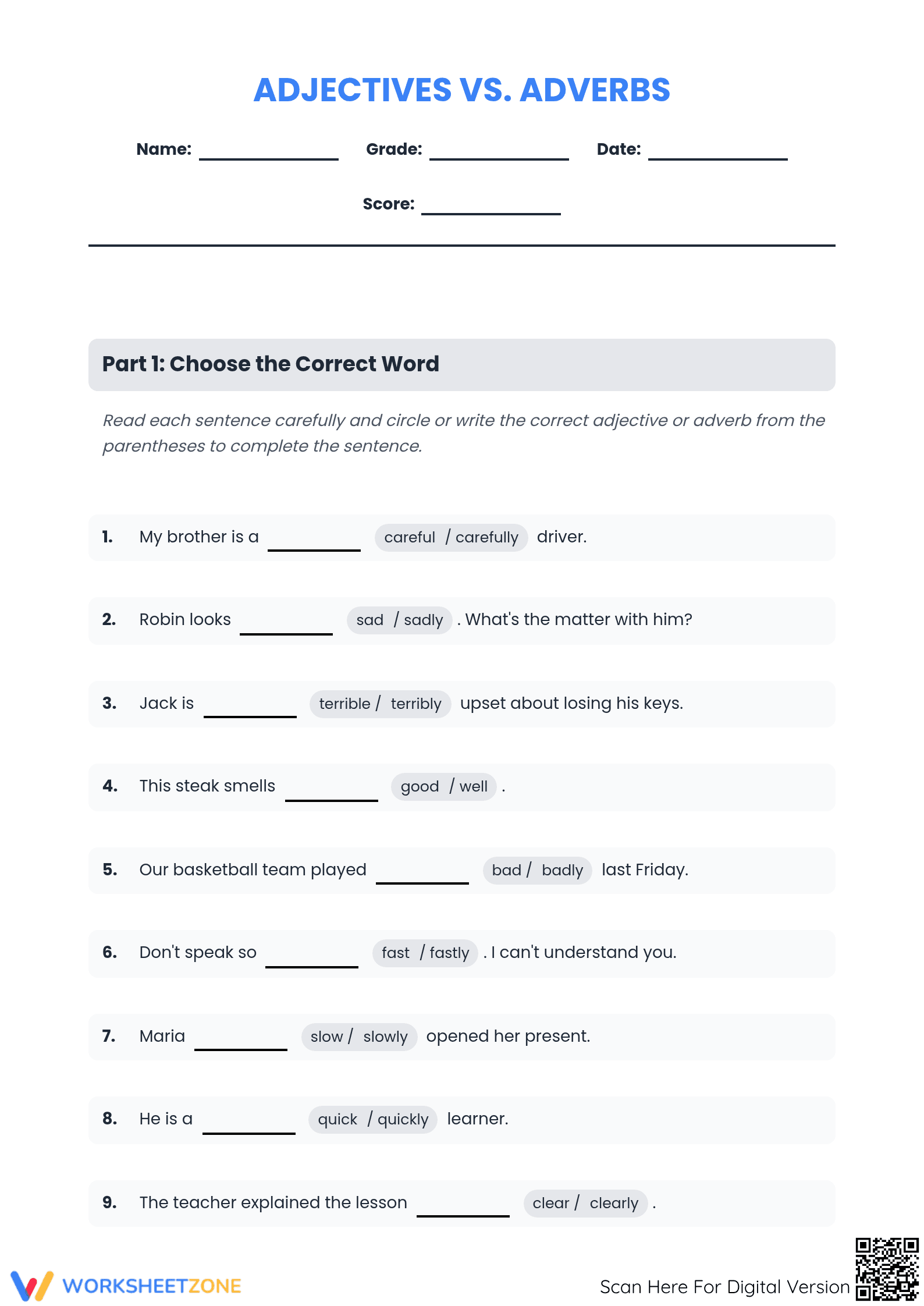 Adjectives vs. Adverbs Printable Worksheet | Grade 2 ELA - Page 1