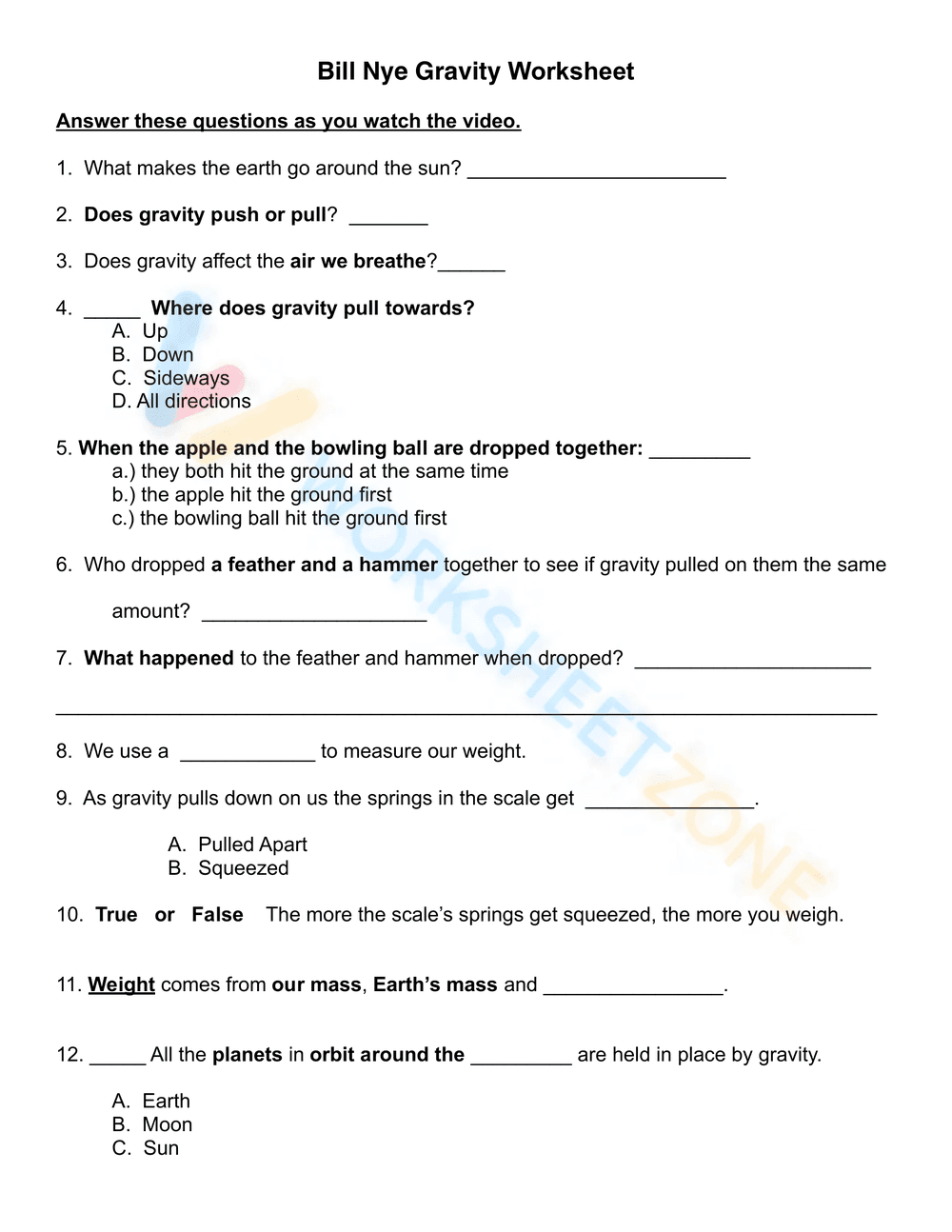 Printable Gravity Worksheet | Grade 6 Science - Page 1