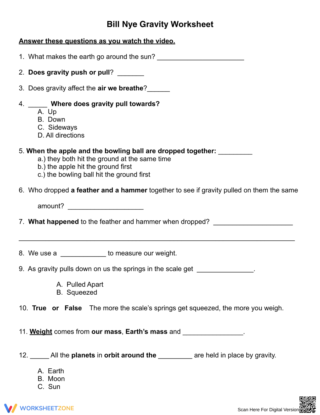 Printable Gravity Worksheet | Grade 6 Science - Page 1