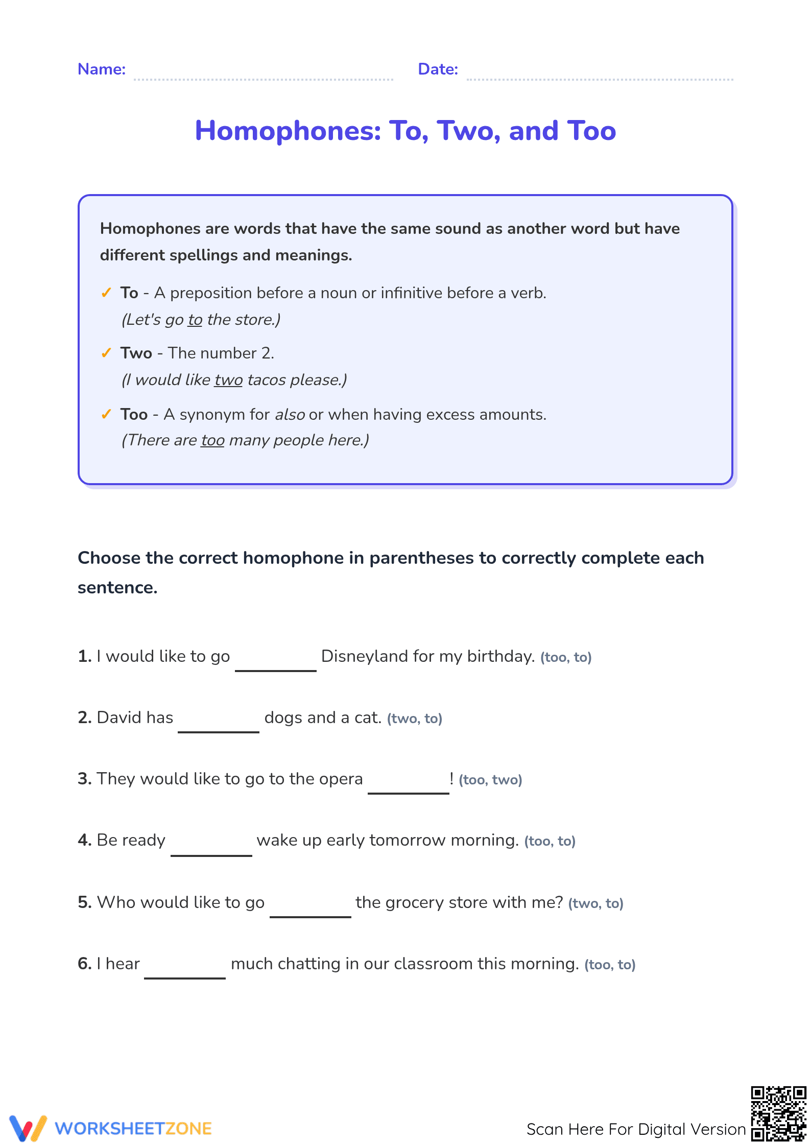 Essential Homophones Worksheet: To, Two, Too | Grade 4 - Page 1