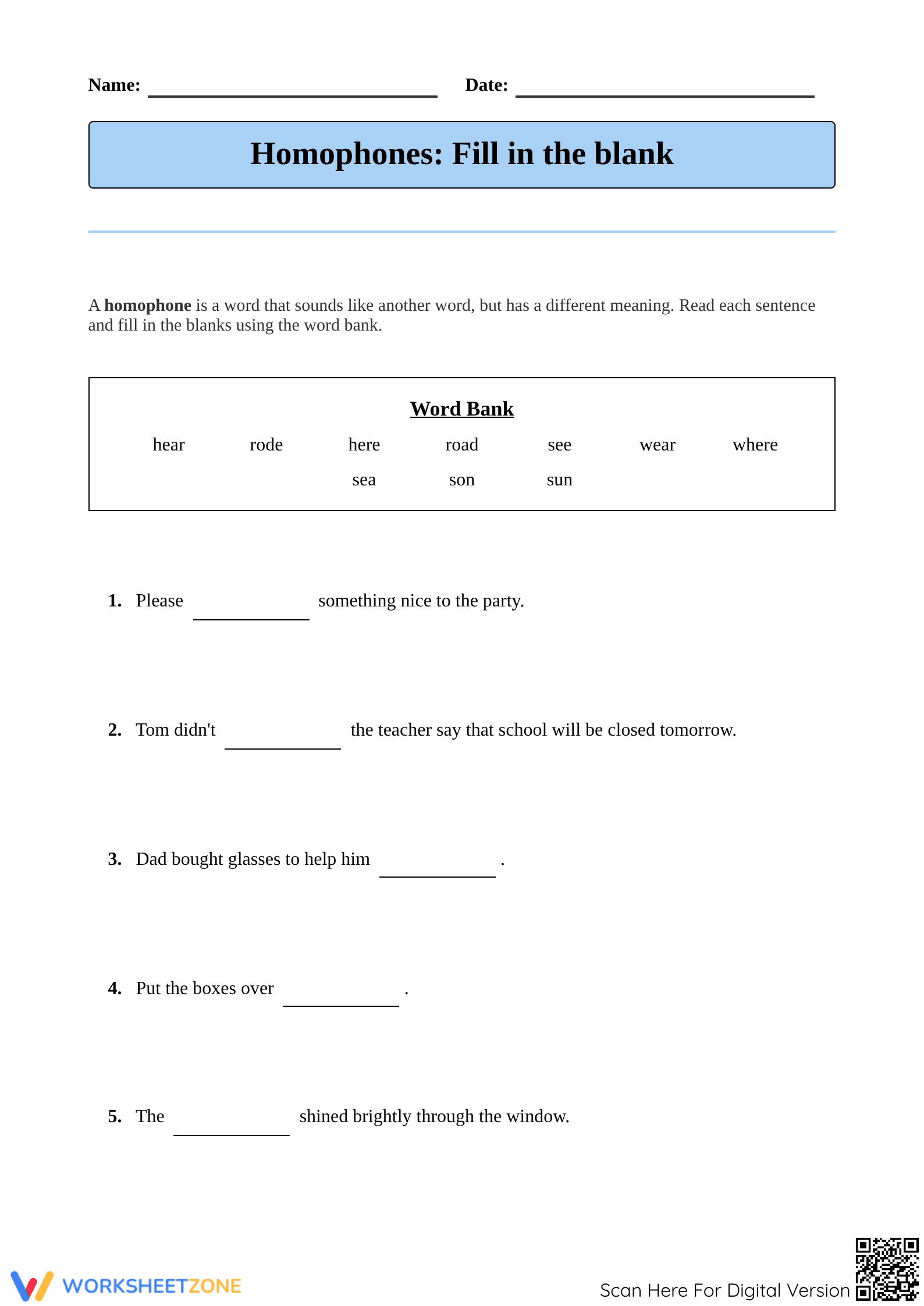 Grade 4 Homophones — Printable No-Prep Worksheet - Page 1