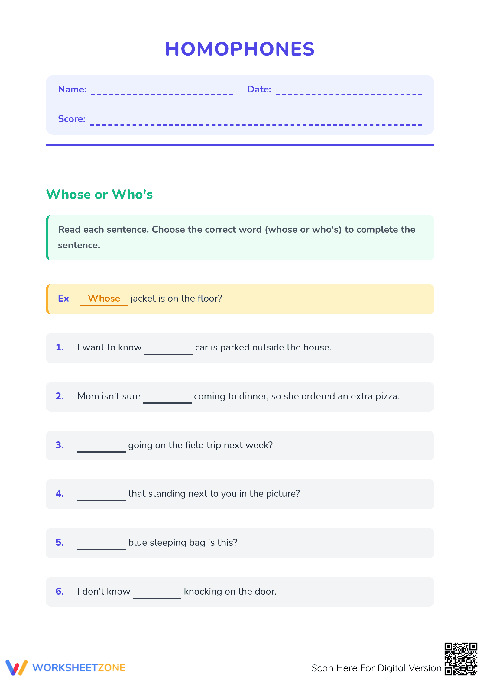 Whose or Who's Homophones Worksheet | Grade 4 Essential - Page 1