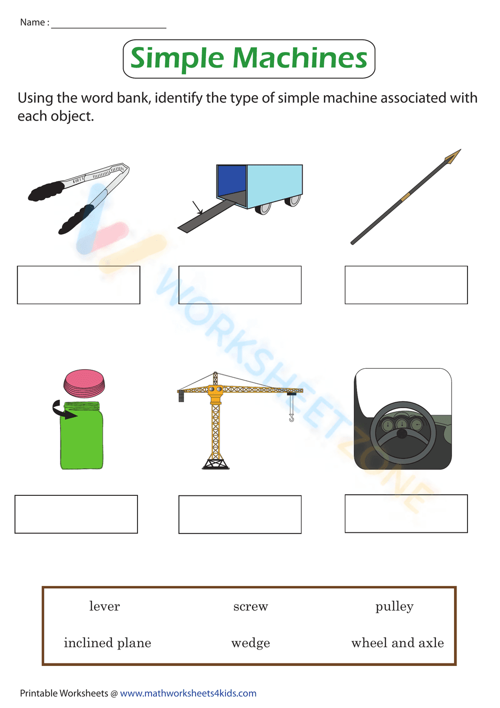 Identify the Simple Machines Worksheet - Page 1