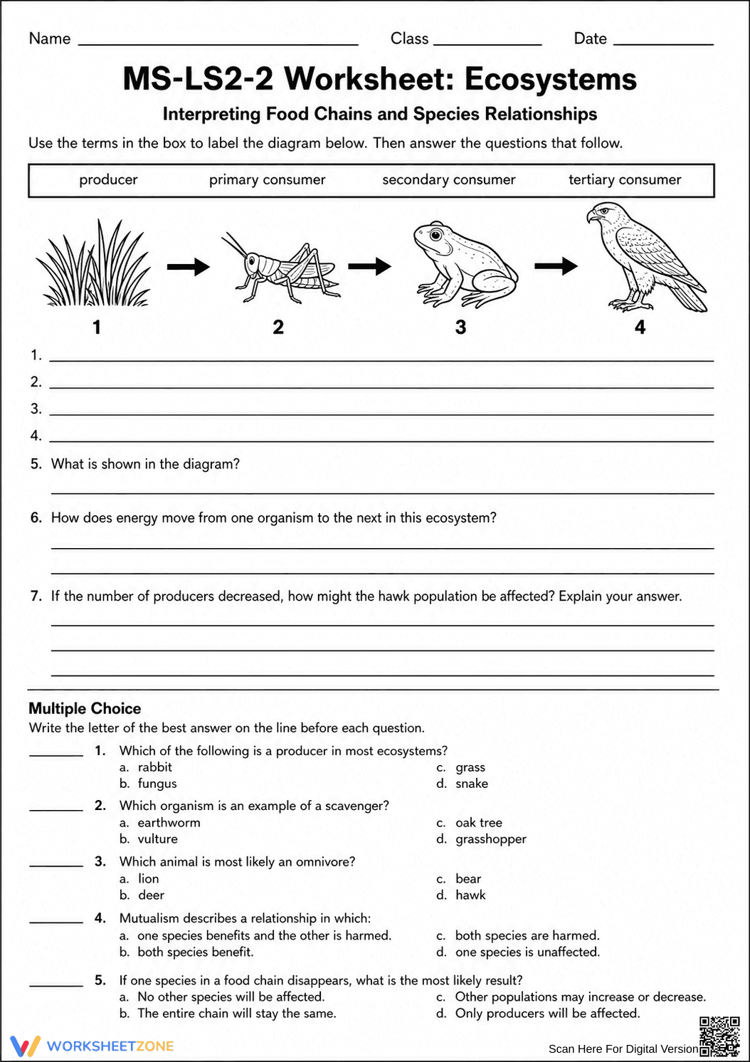 MS-LS2-2 Worksheet: Ecosystems — Grade 7 Aligned - Page 1