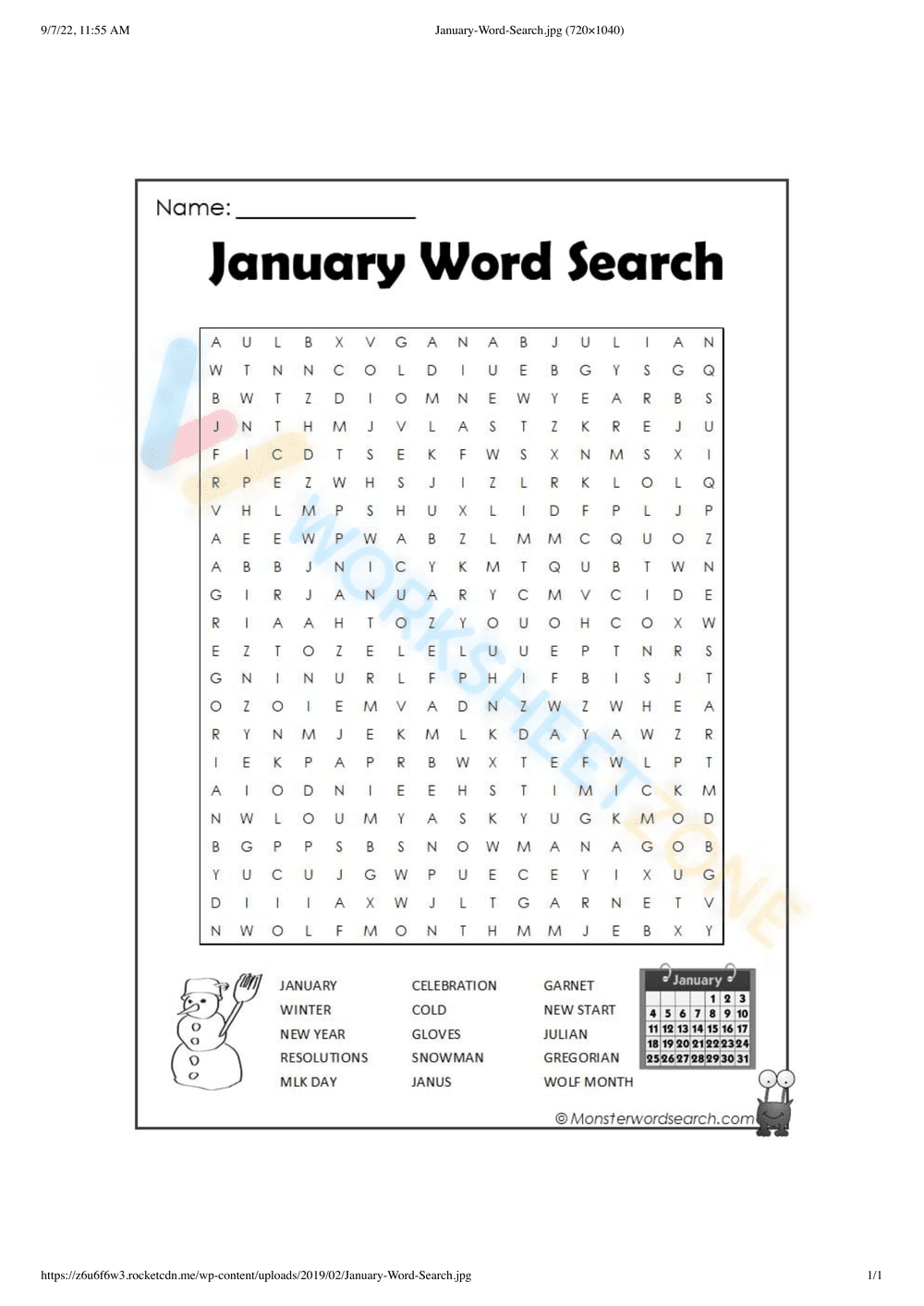 Boost Skills with this January Word Search Worksheet - Page 1