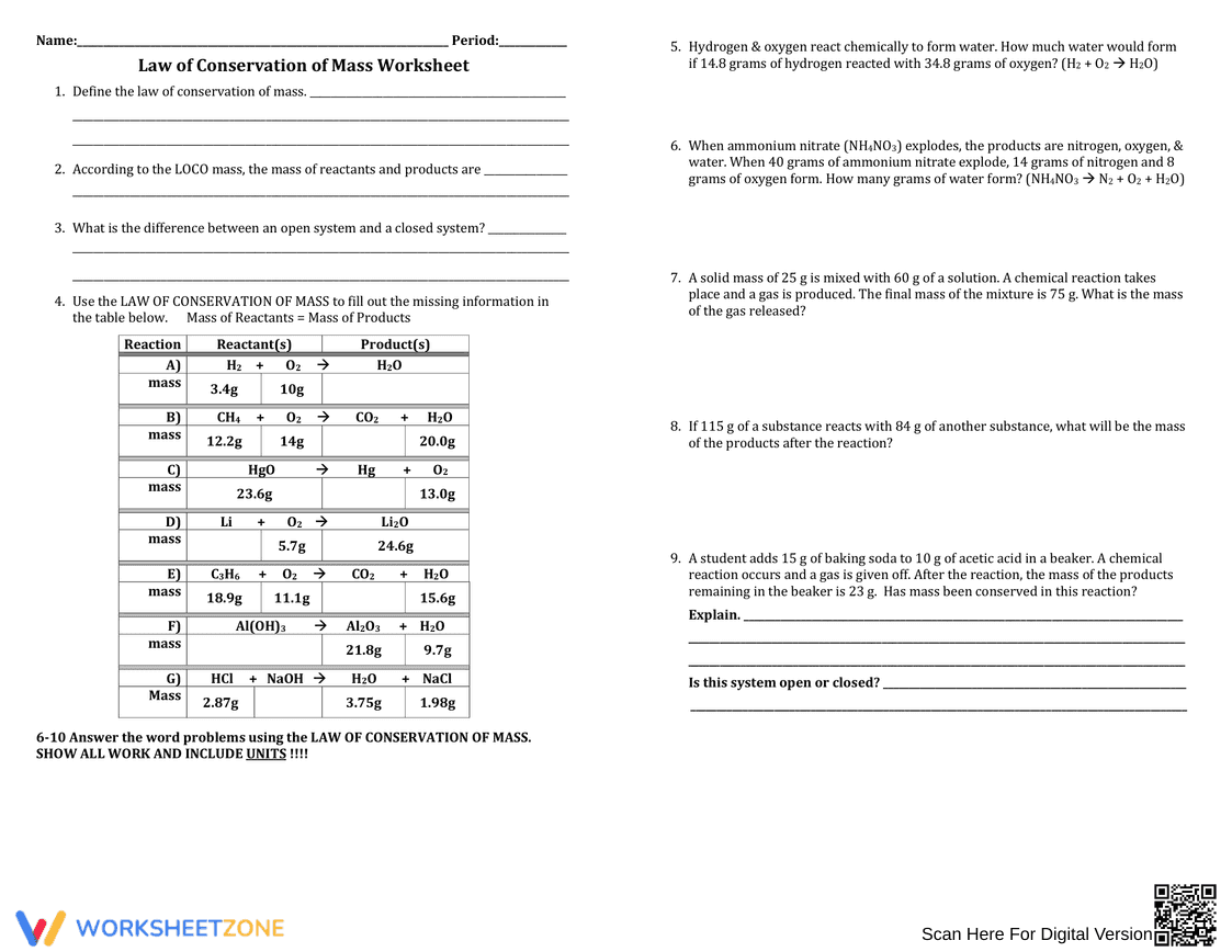 Understand Law of Conservation of Mass with Worksheet - Page 1