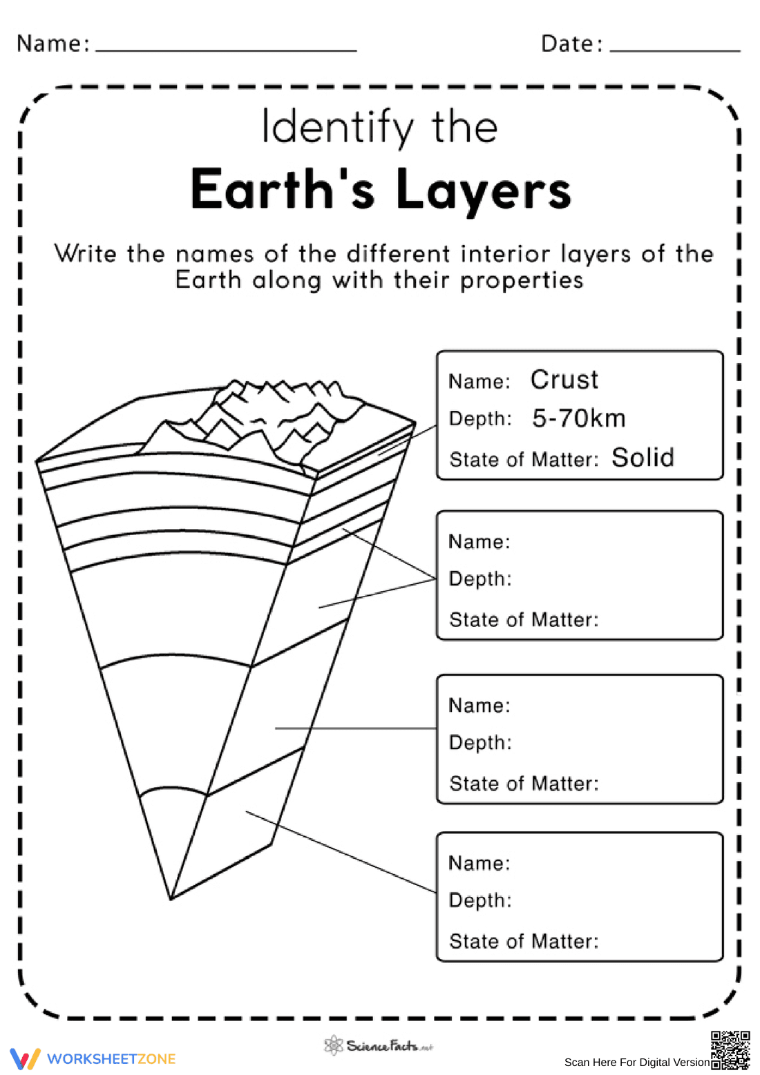 Grade 6 Earth's Layers — Printable No-Prep Worksheet - Page 1