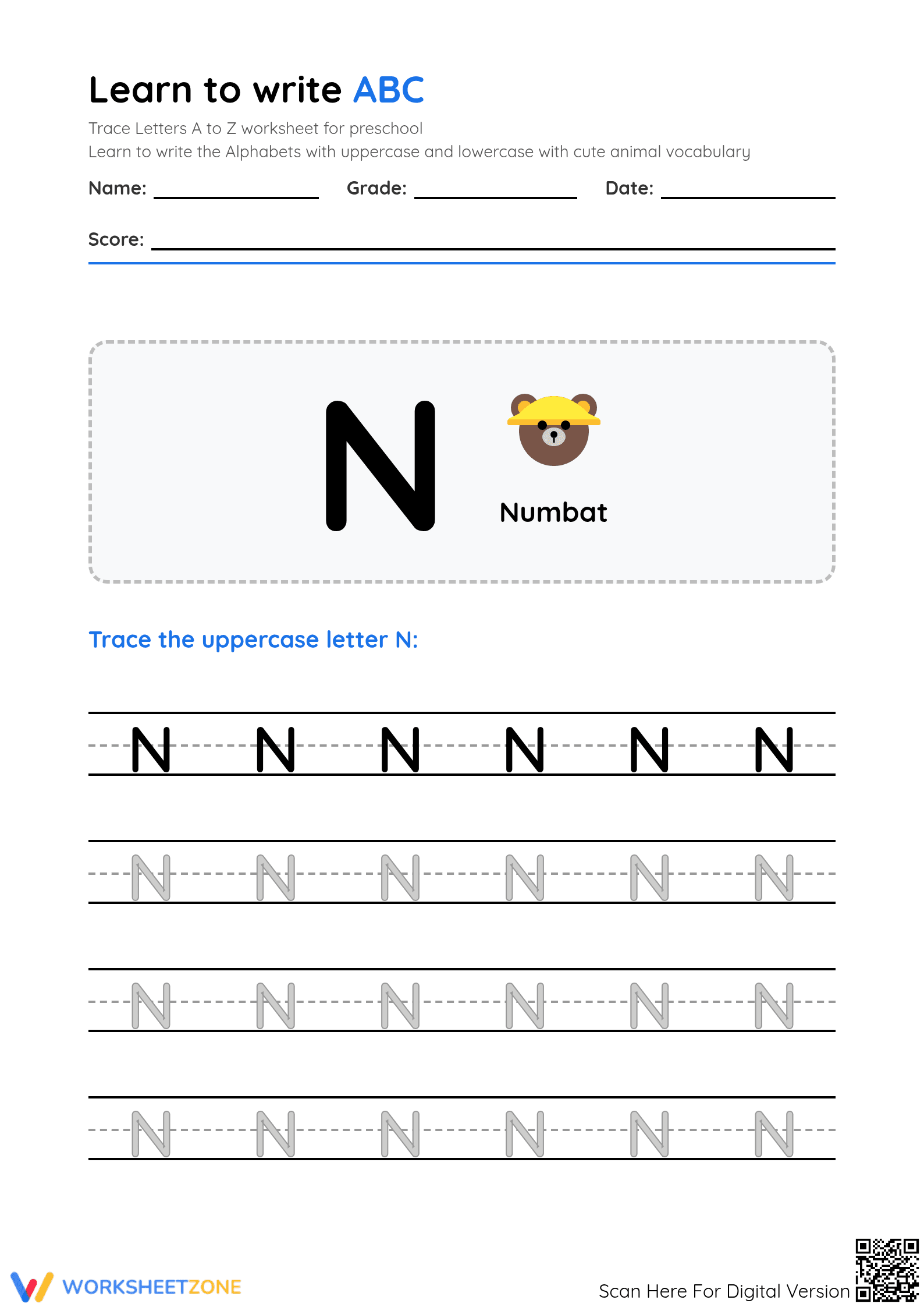 Printable Letter N Writing Worksheet | Kindergarten ELA - Page 1