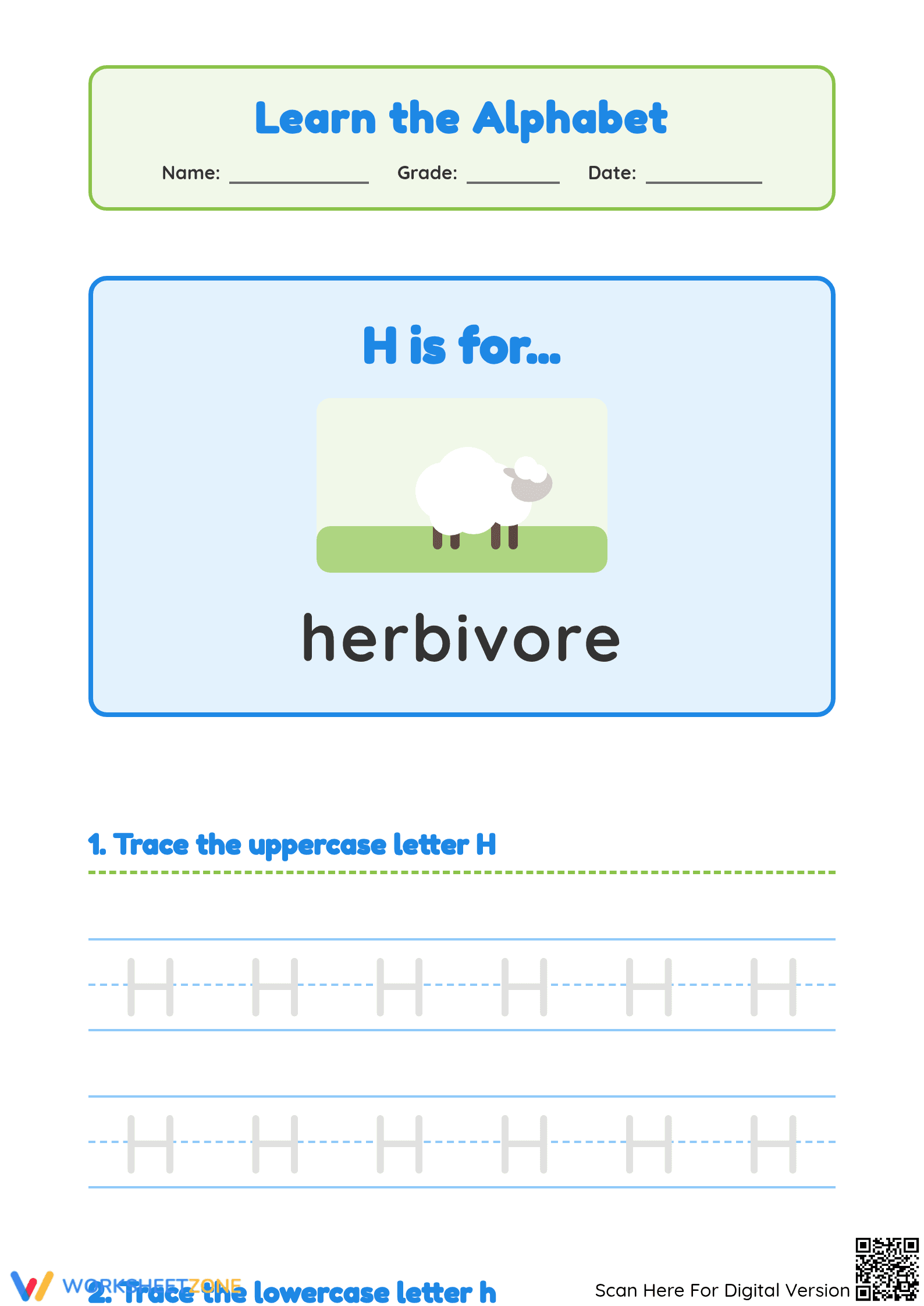 Printable Letter H Tracing Worksheet | Kindergarten ELA - Page 1