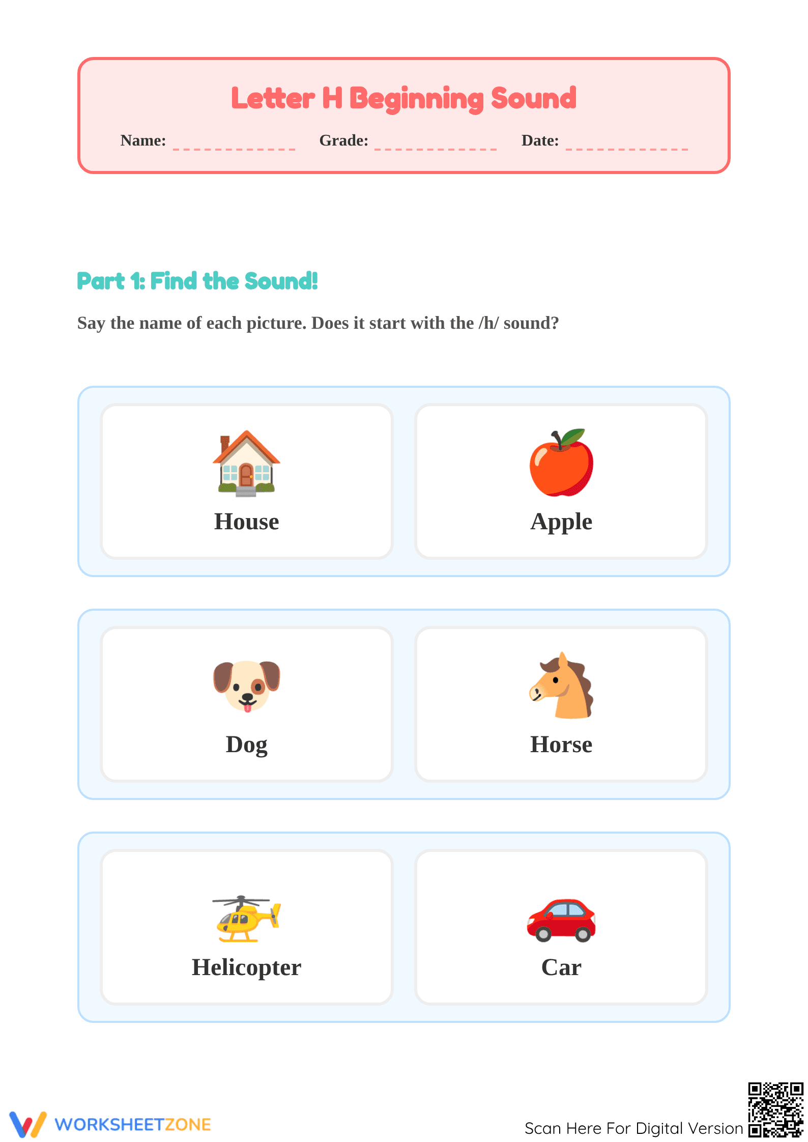 Letter H Beginning Sound Worksheet | Essential Phonics - Page 1