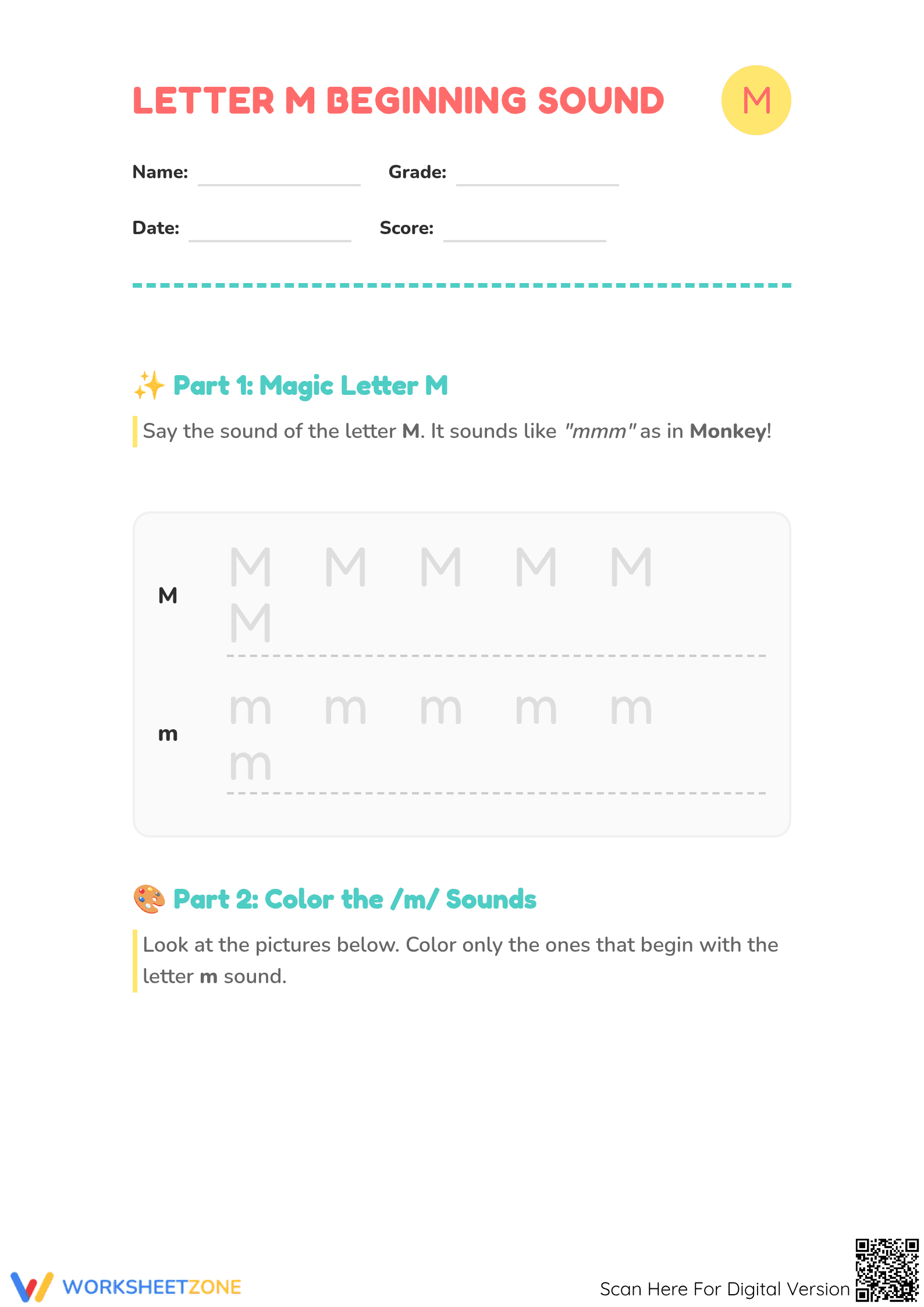 Letter M Beginning Sound Worksheet | Essential Phonics - Page 1