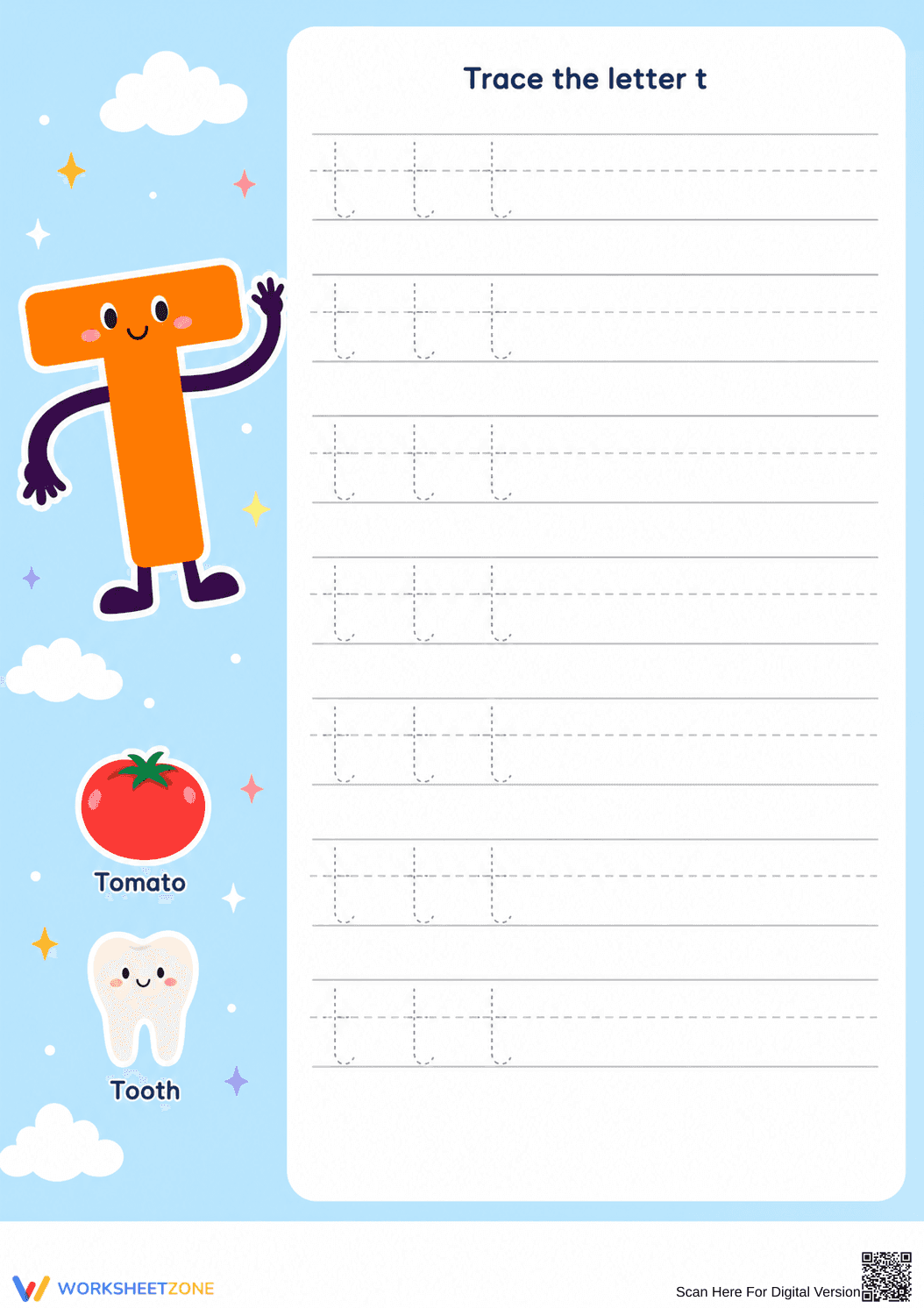 Printable Letter T Tracing Worksheet | Kindergarten ELA - Page 1