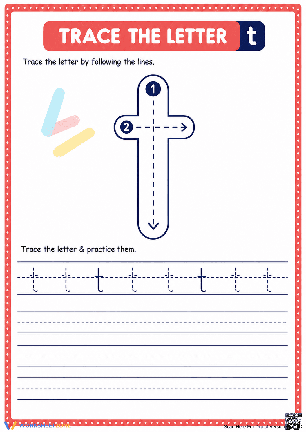 Printable Letter T Tracing Worksheet | Kindergarten ELA - Page 1