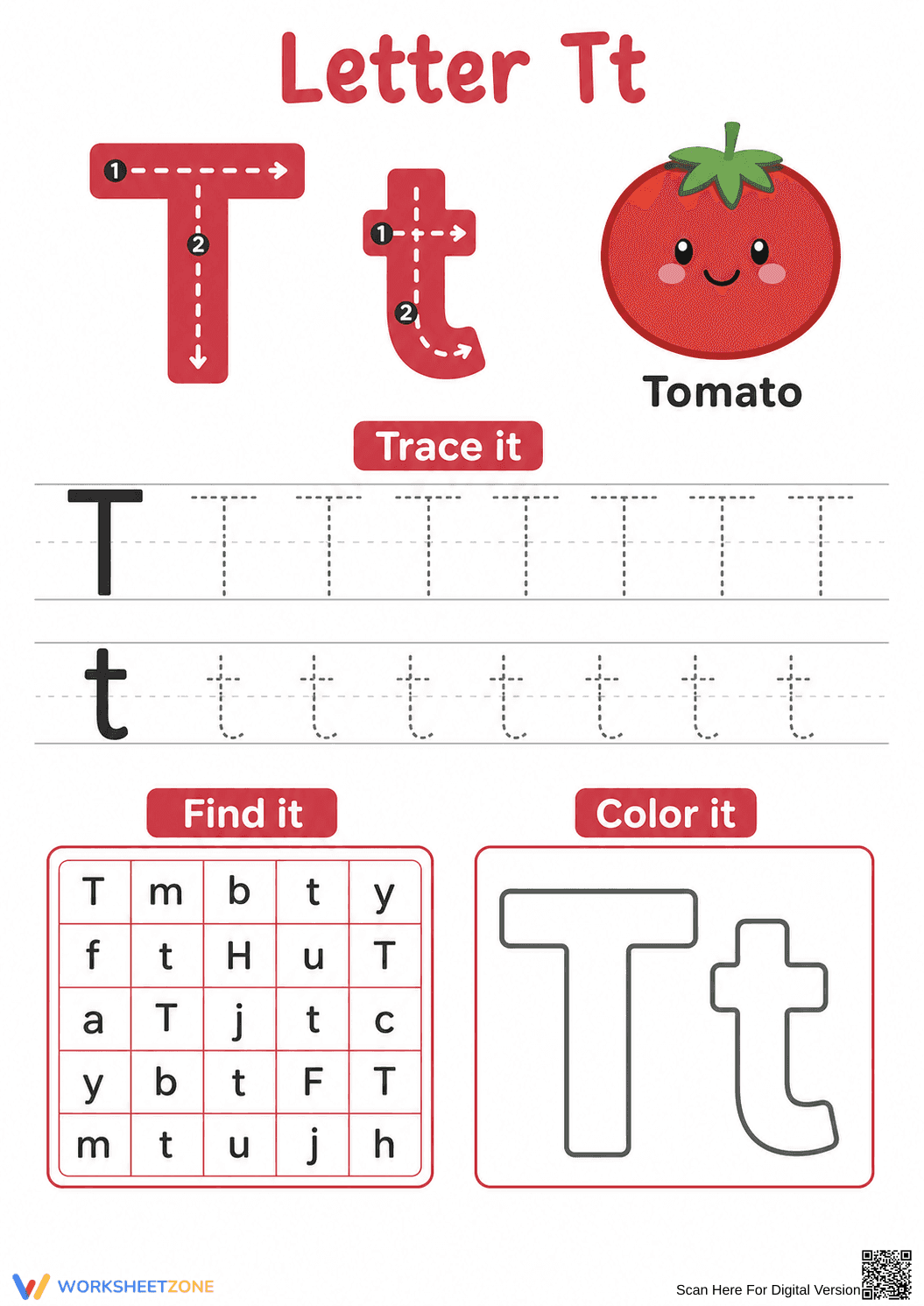 Letter T Tracing, Find-It, and Coloring Worksheet - Page 1
