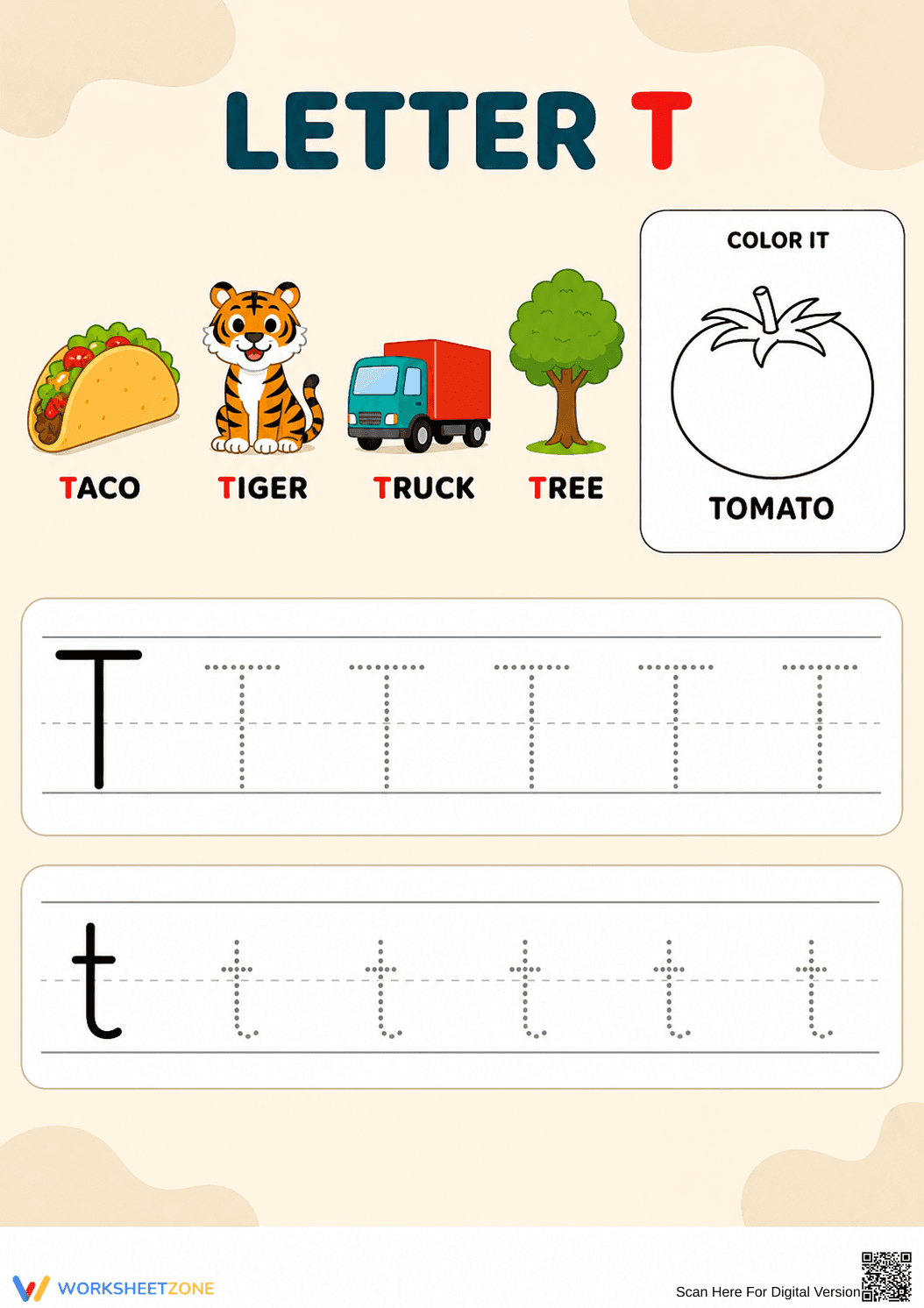 Letter T Tracing and Phonics Worksheet - Page 1
