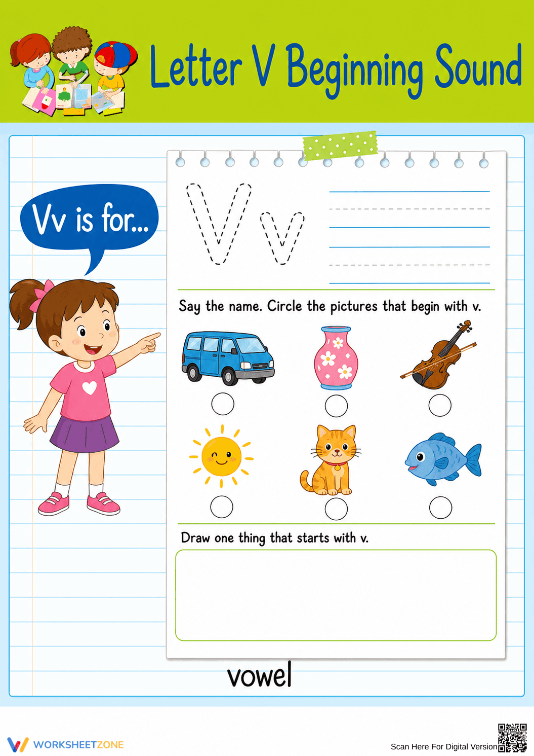 Letter V Beginning Sound Worksheet | Essential Phonics - Page 1