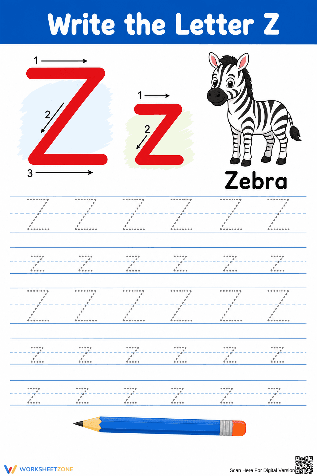 Printable Letter Z Tracing Worksheet | Grade K ELA - Page 1