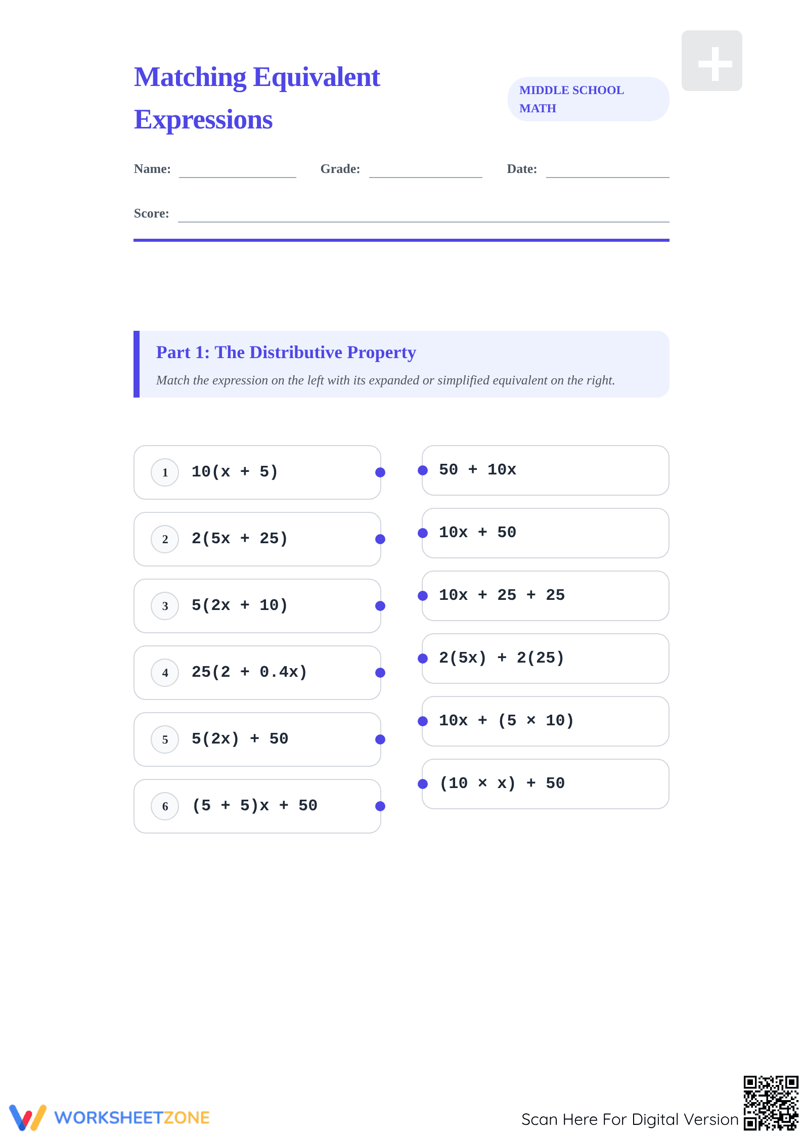 Equivalent Expressions Worksheet | Grade 6 Essential Math - Page 1
