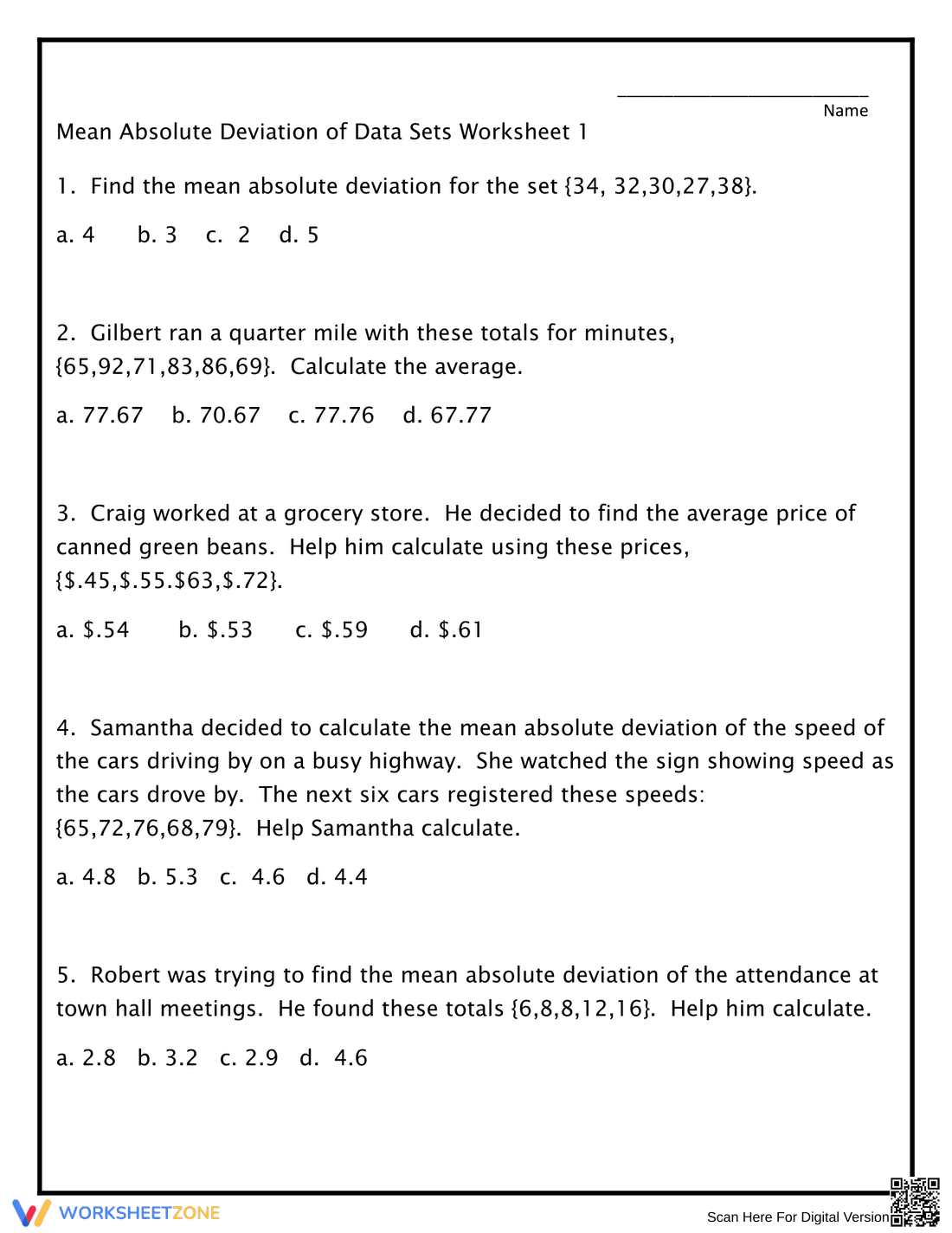 Calculate Mean Absolute Deviation of Data Sets Worksheet - Page 1