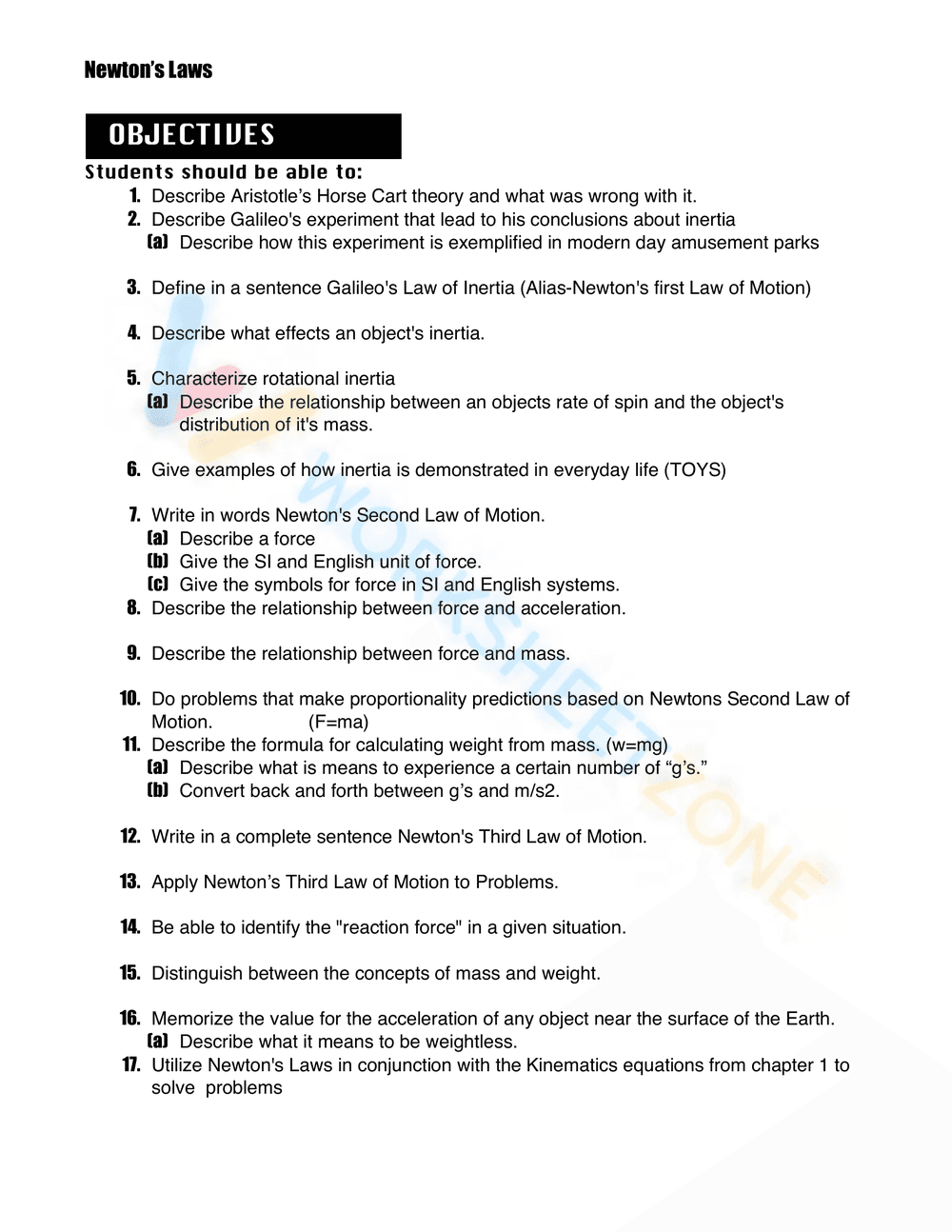Newton's Laws Physics Worksheet | Essential Grade 9-12 - Page 1