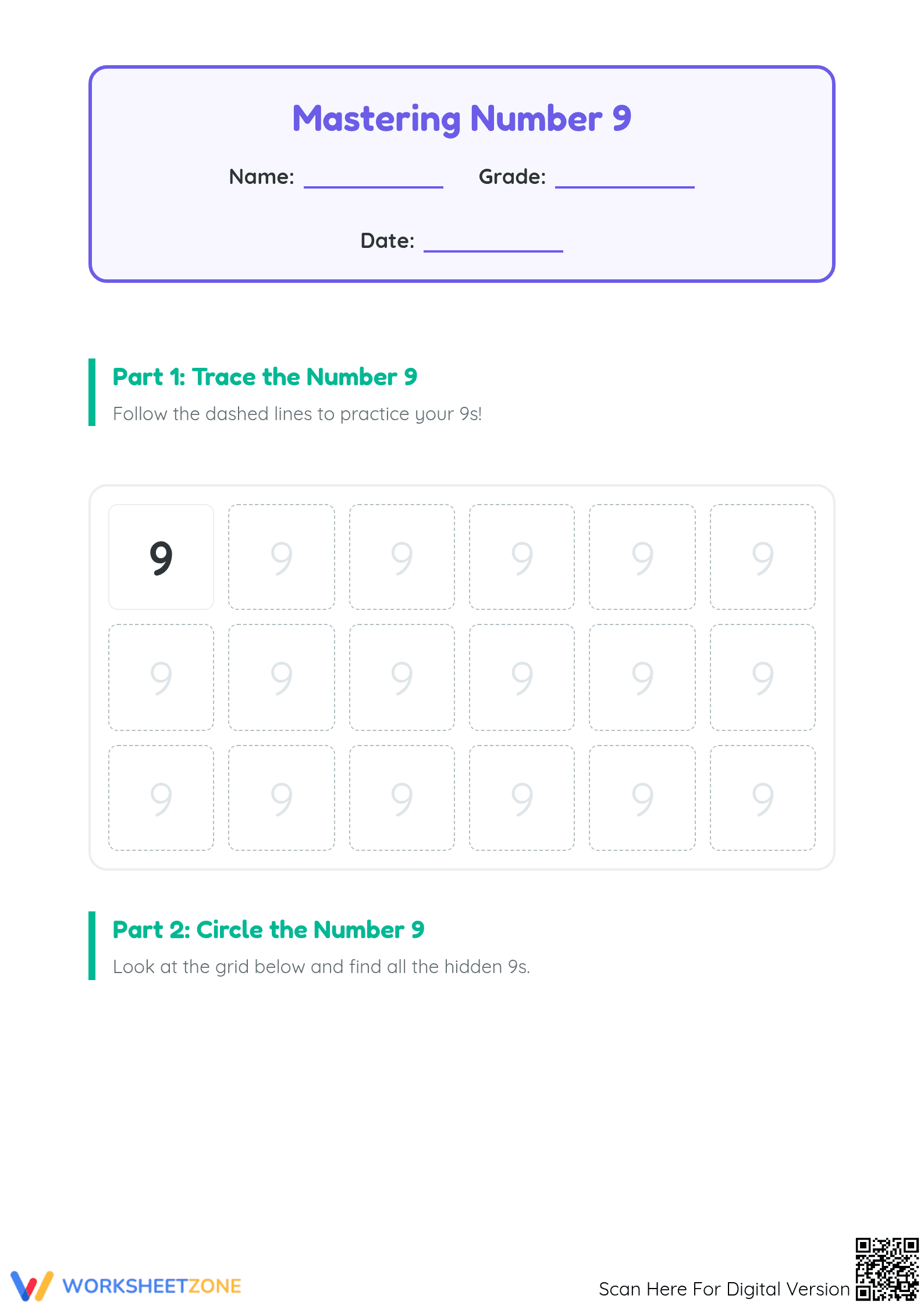 Printable Number 9 Worksheet: Trace, Find & Count — Grade K - Page 1